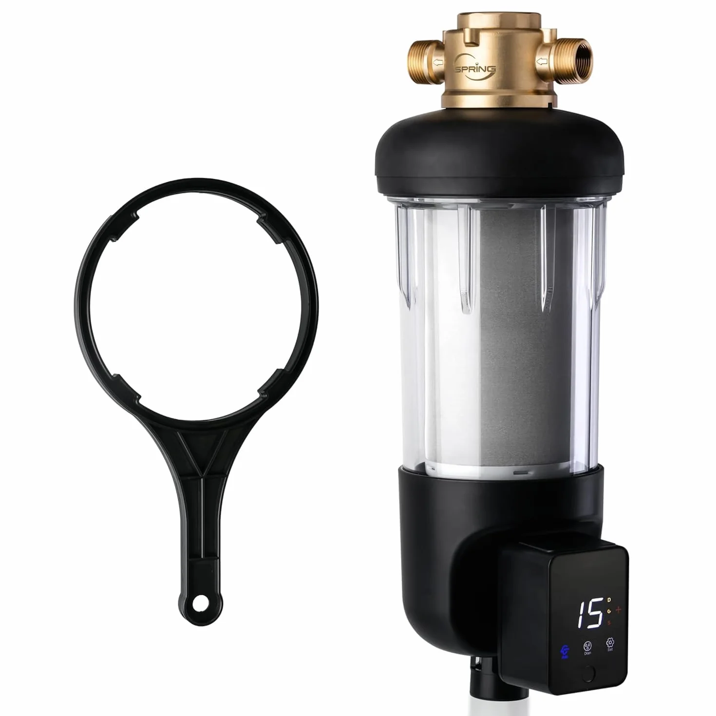 iSpring WSP50ARJ, Certificado NSF, Filtro de Sedimentos de Giro, Tamaño Jumbo Mejorado, Gran Capacidad, Reutilizable con Módulo de Flushing Automático de Pantalla Táctil, Latón, 50 Micrones