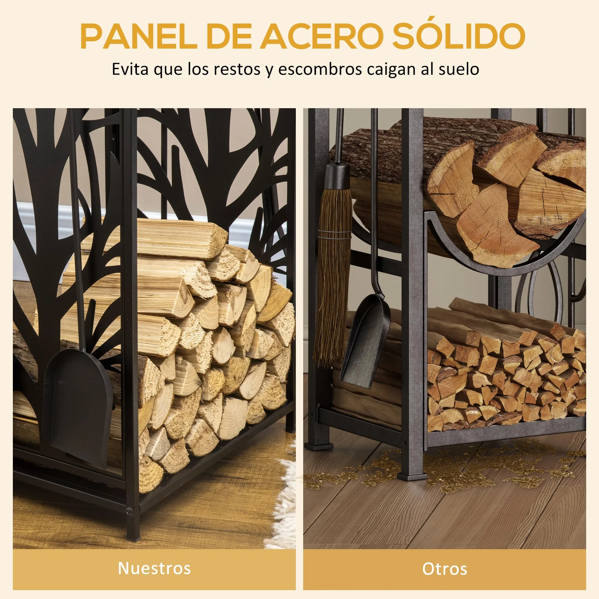 HOMCOM Estante para Leña Estantería de Almacenamiento para Chimenea Soporte para Leña con 4 Herramientas para Interior y Exterior 46x30x70 cm Carga 100 kg Negro