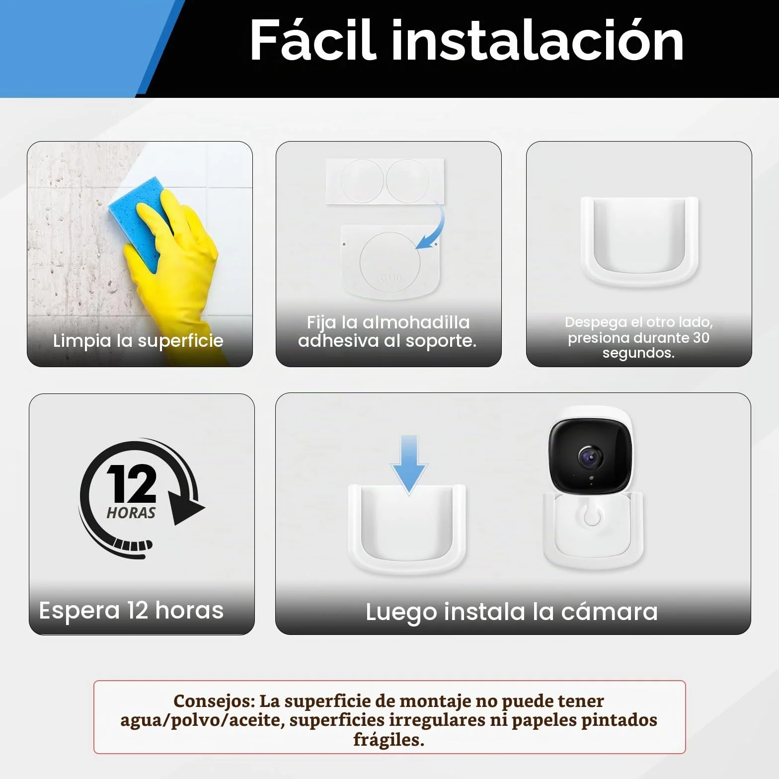 Pack de 2 Soportes de Pared Adhesivos para Cámara de Seguridad Interior Tapo C100, C110 – Instalación Fácil Sin Taladros, Montaje en Ventana para TP-Link