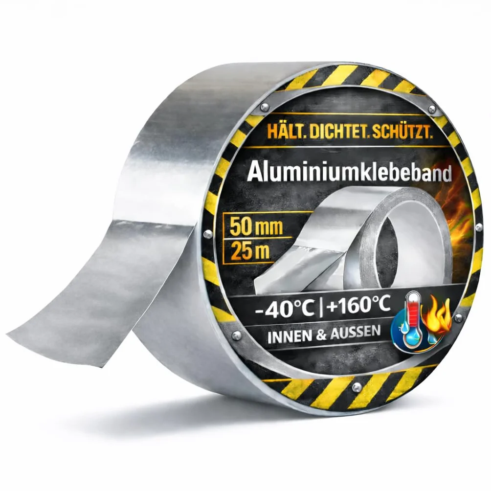 TK Gruppe Timo Klingler Cinta Adhesiva de Aluminio Plateada - 25 Metros, Autoadhesiva y Resistente al Calor - Para Sellado y Reparación (1x)