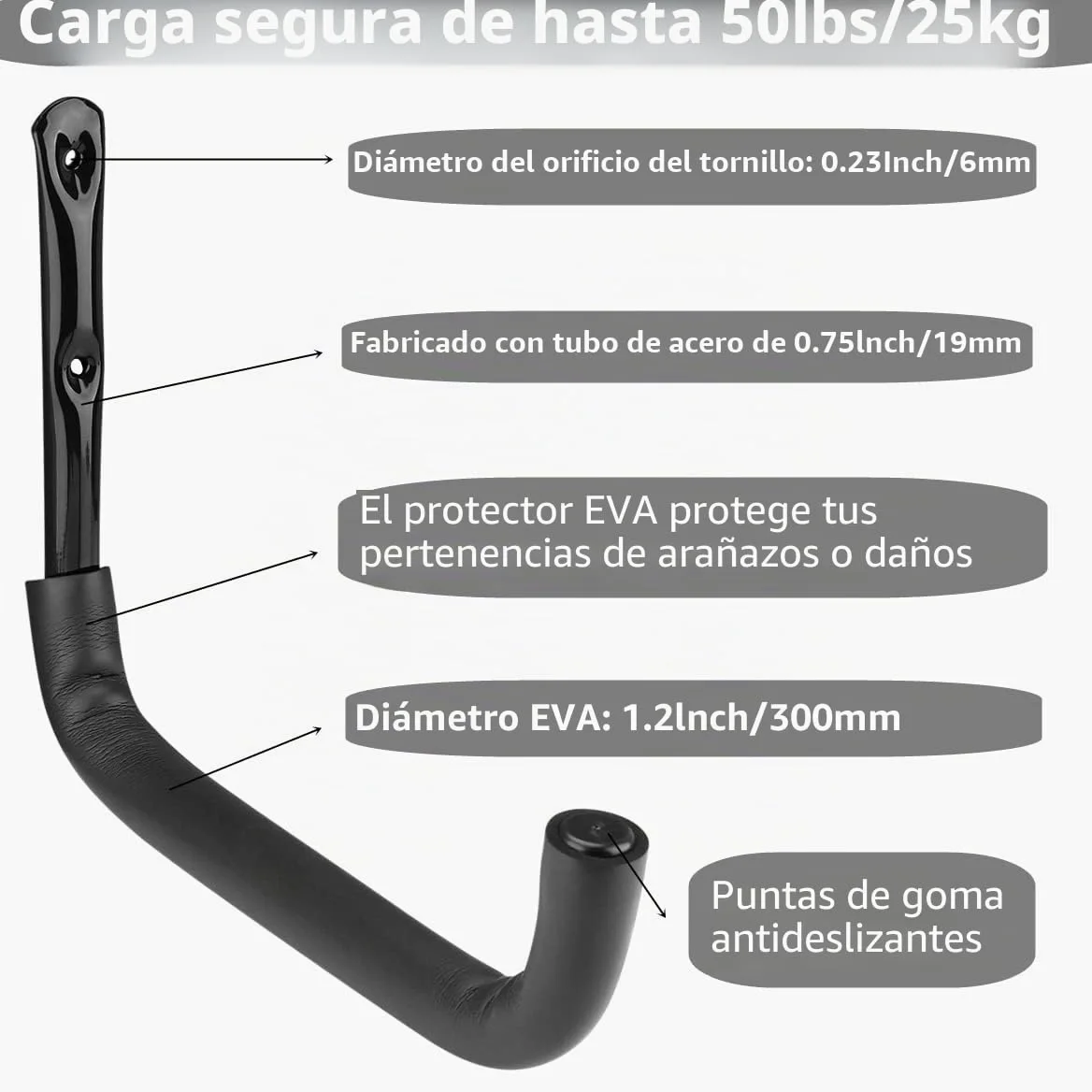 Paquete de 6 ganchos de almacenamiento de garaje resistentes, 12.7 pulgadas de montaje en pared