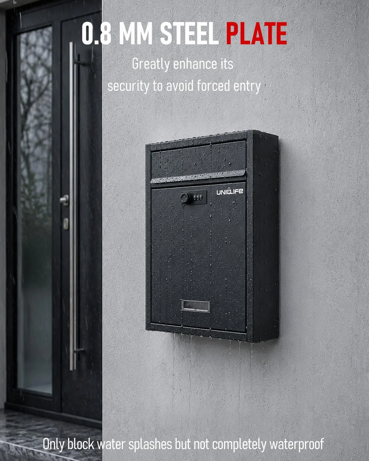 Uniclife Buzón de pared para exterior, gran compartimento de almacenamiento con cerradura de combinación, cierre de seguridad para casa, caja de seguridad, caja de correo, caja de acero para casa