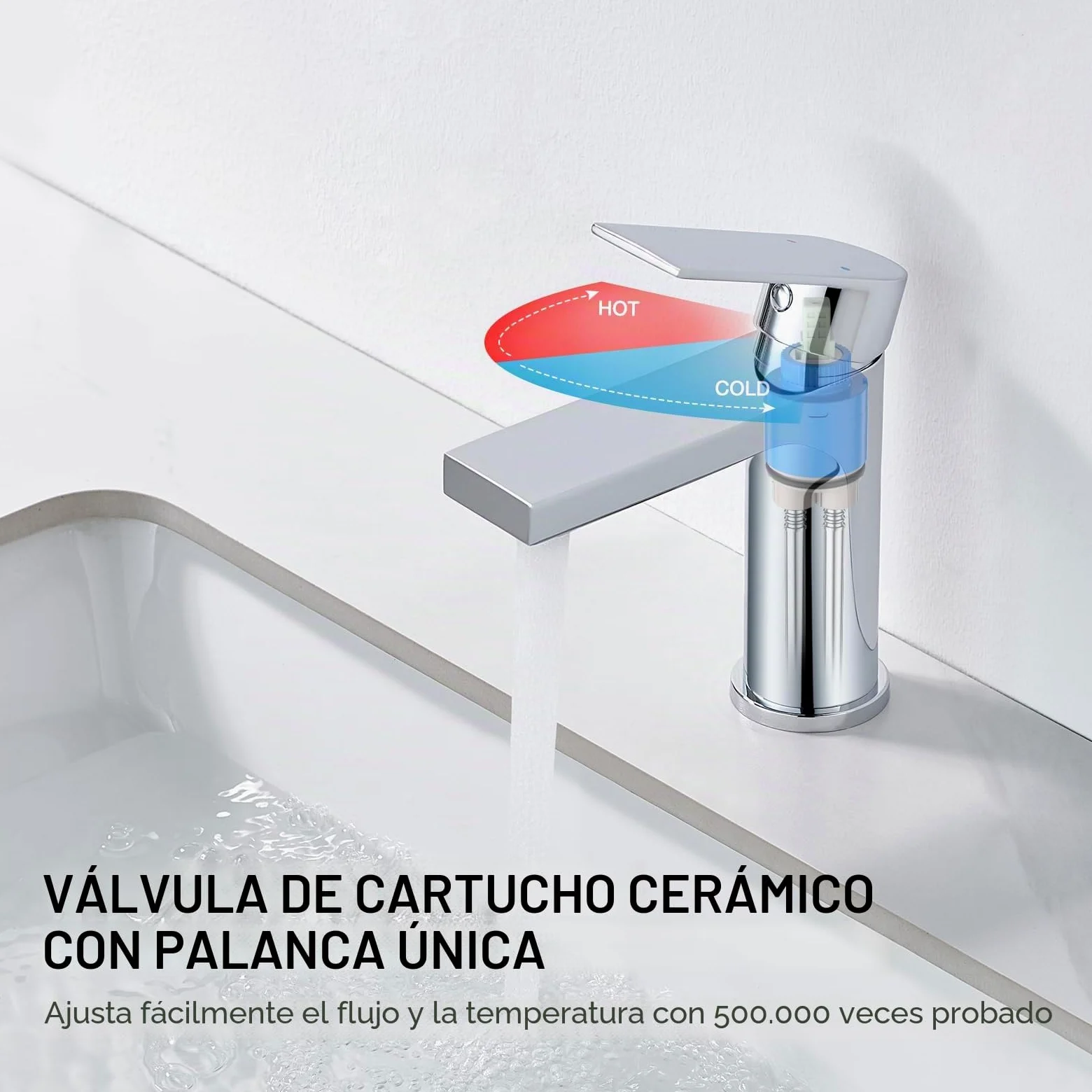 Grifo de Lavabo para Cuarto de Baño W.C. Rectangular Monomando con Desagüe Desplegable de Acero Inoxidable en Cromado Pulido
