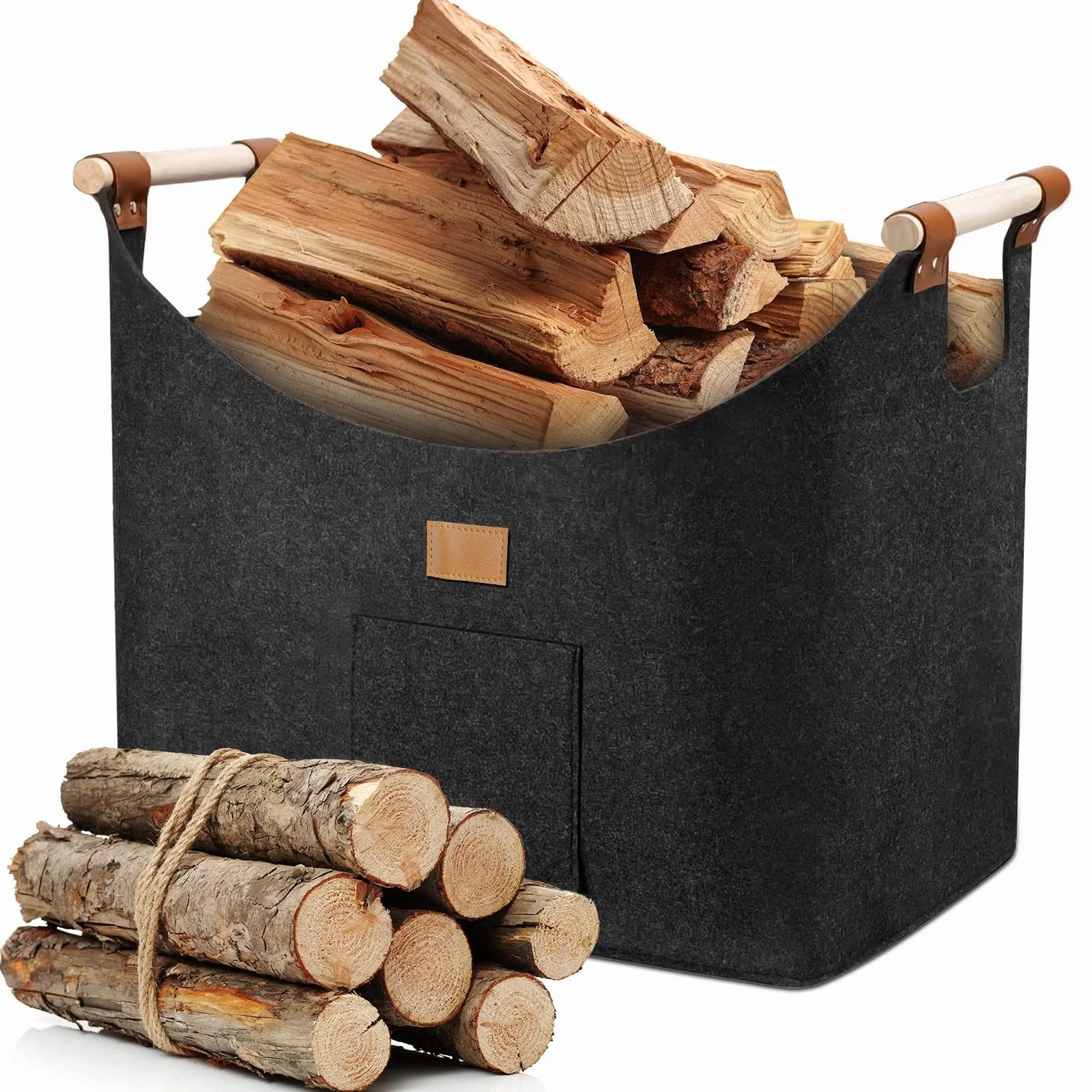 96LCesta para Leña de Chimenea, Cesta de Leña, Plegable Bolsa de Fieltro para Leñas, Cestas para Leñas con Asas, 60x40x40 Cestas Leñas, Cestass de Fieltro para Leñas de Chimenea, Gris Oscuro