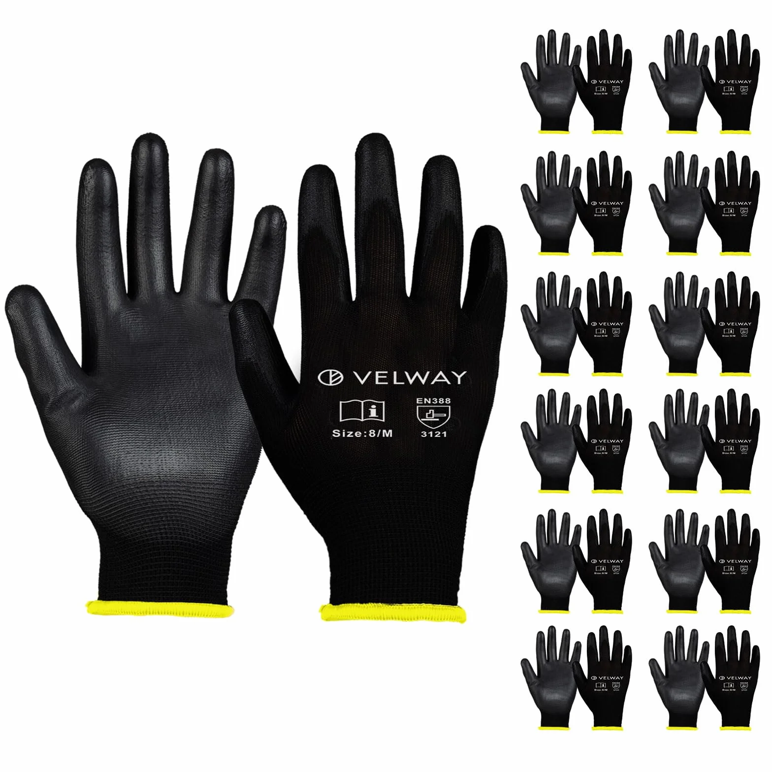 Velway Guantes de Trabajo Talla 8 Alta Resistencia Recubrimiento Poliéster PU Protección Mecánica Negro