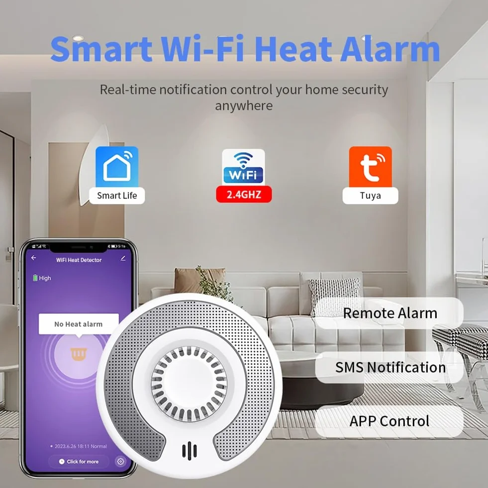 Detector de calor inteligente Wi-Fi con control de aplicación Tuya, alarma de calor WiFi con batería de litio sellada de 10 años, BS 5446-2, VH03W
