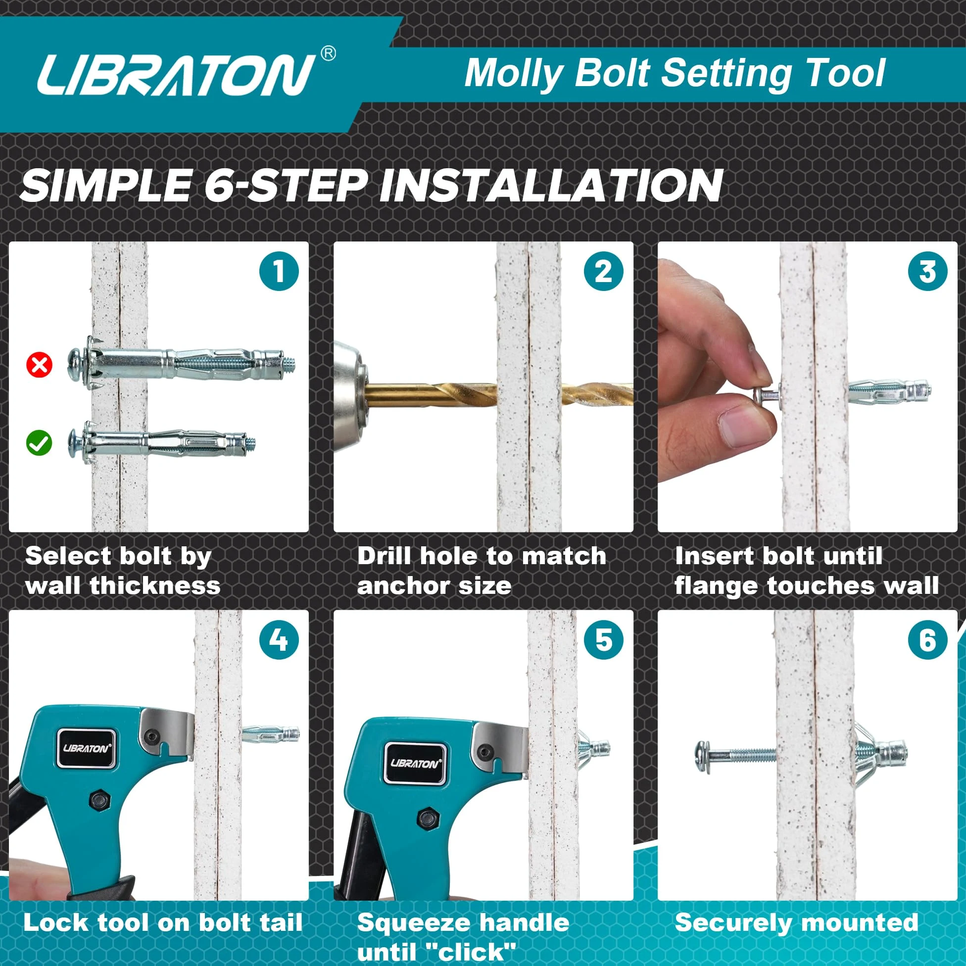 LIBRATON Molly Bolts para paredes de pladur y escayola (0,30 cm - 3,86 cm), 30 piezas en 6 tamaños con herramienta de ajuste, kit resistente de tornillos y anclajes de metal para pared hueca, soporta
