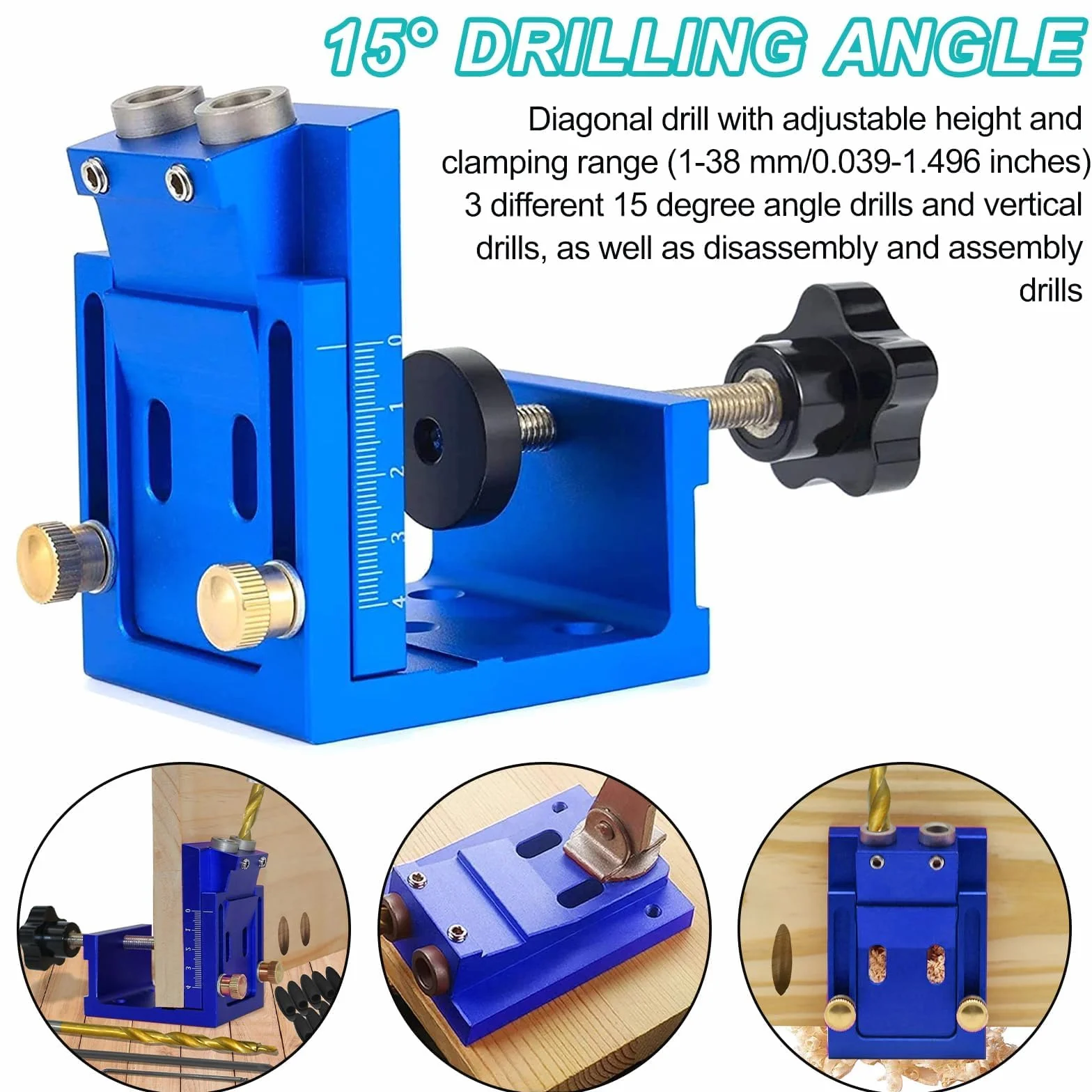 Ajustable Guia taladro, Azul Retirable Pocket Hole Jig, Plantilla Perforación Agujeros Bolsillo con 2 Brocas de 9 mm, para Carpintería y Fabricación de Muebles (Azul)