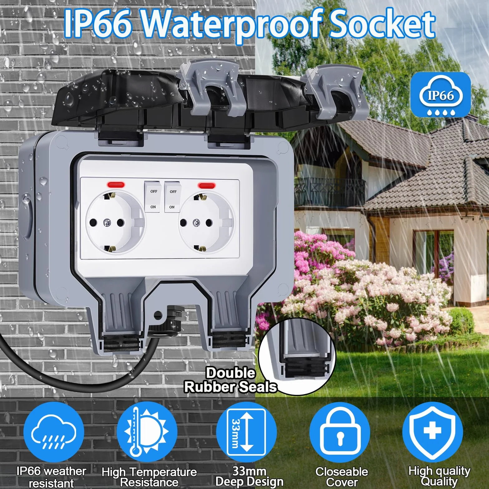 Enchufe Estanco Exterior Impermeable, Toma de Corriente IP66, Doble Pared Enchufes con Interruptor, Conector de Cable y Tapa Abatible, para Cocina Baño Garaje Piscina y Jardín