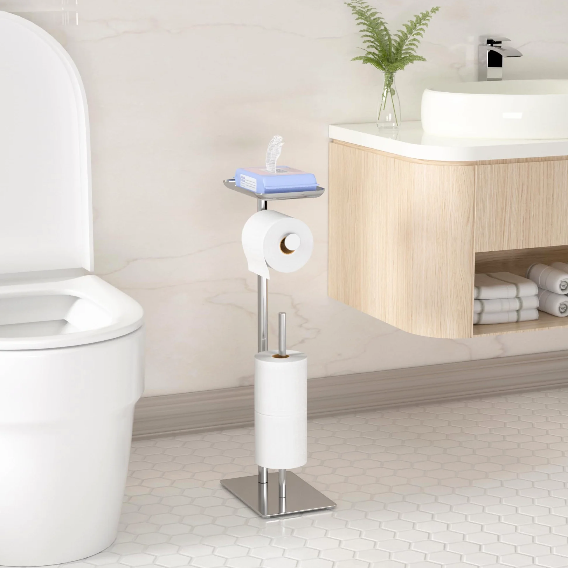 Portarrollos de Papel higiénico Independiente con Estante Superior, Capacidad para 4 Rollos, dispensador de Papel higiénico de baño de Acero Inoxidable, Plata