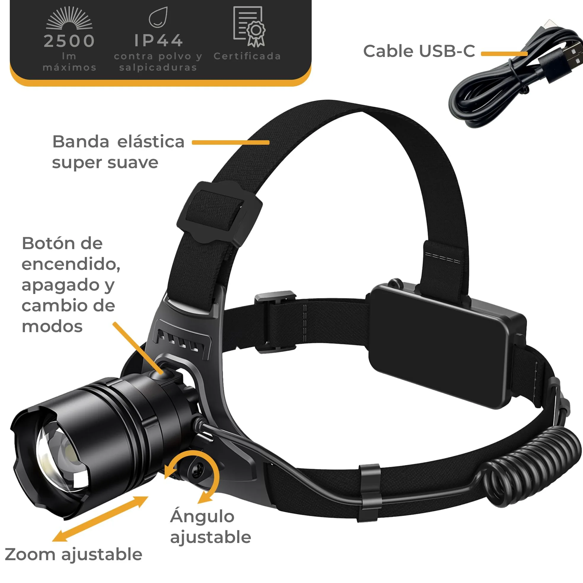LICHTMEISTER® Linterna (1000 lúmenes, batería de 4000 mAh) – Flash LED alta potencia - Linterna potente recargable y extremadamente brillante (Lámpara de cabeza)