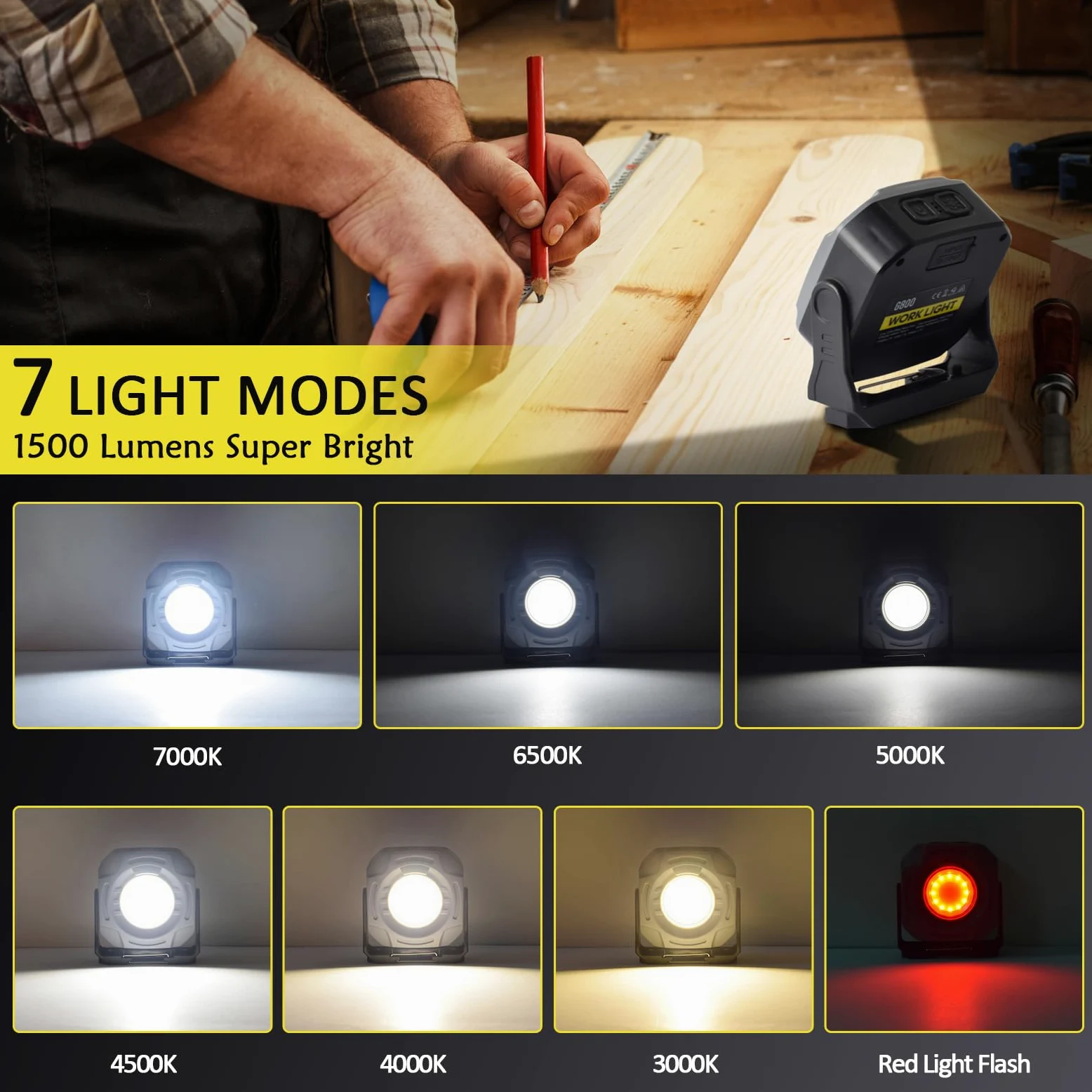 MASMEJOR Foco LED Recargable Potente 30W, Foco LED con Imanes & 7 Modos de Luz, 1500LM Luz de Trabajo 4000mAh, Ideal para Camping, Pesca, Taller, Emergencias