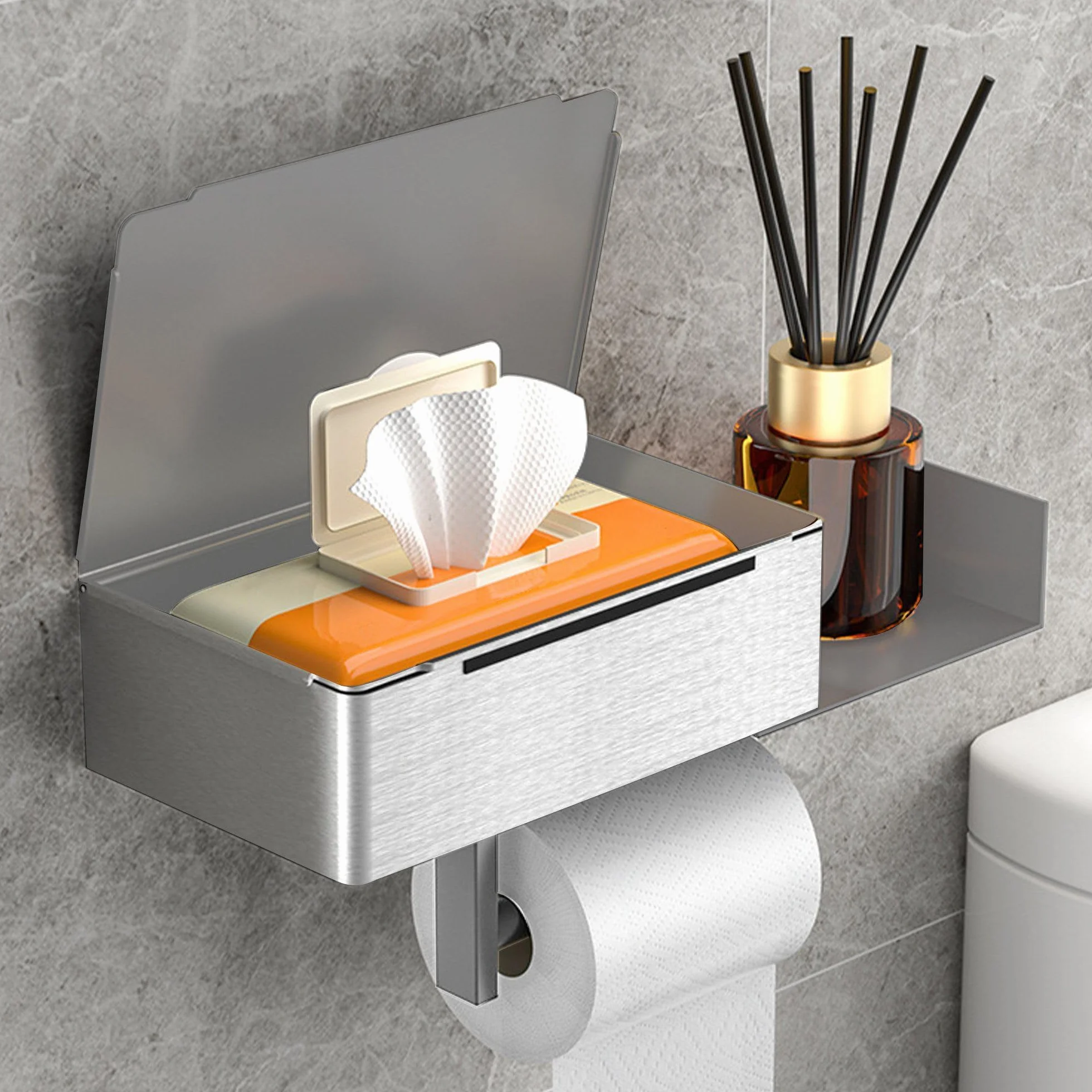 Portarrollos de Papel Higiénico de Acero Inoxidable, Autoadhesivos o Taladrar en Pared, Portarrollos de Papel Higiénico para Inodoro Baño Cocina (Plata, Estilo B)