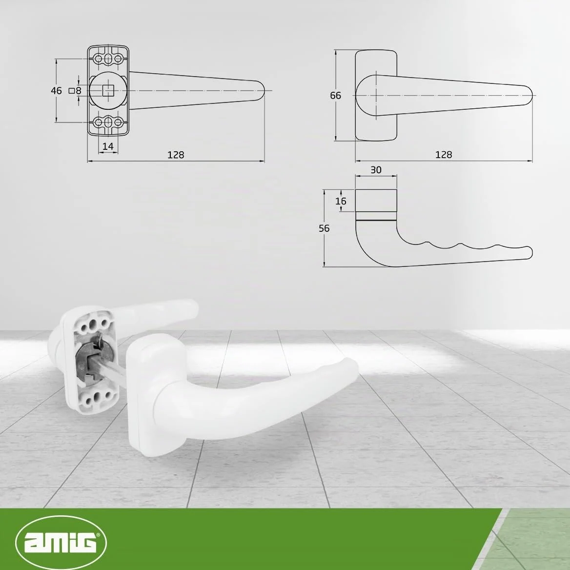Amig - Juego de Manilla de Roseta Reforzada - Modelo Sendoa - Fabricada en Aluminio - Medida: 125 X 66 mm - Cuadradillo de 8 mm - Blanco