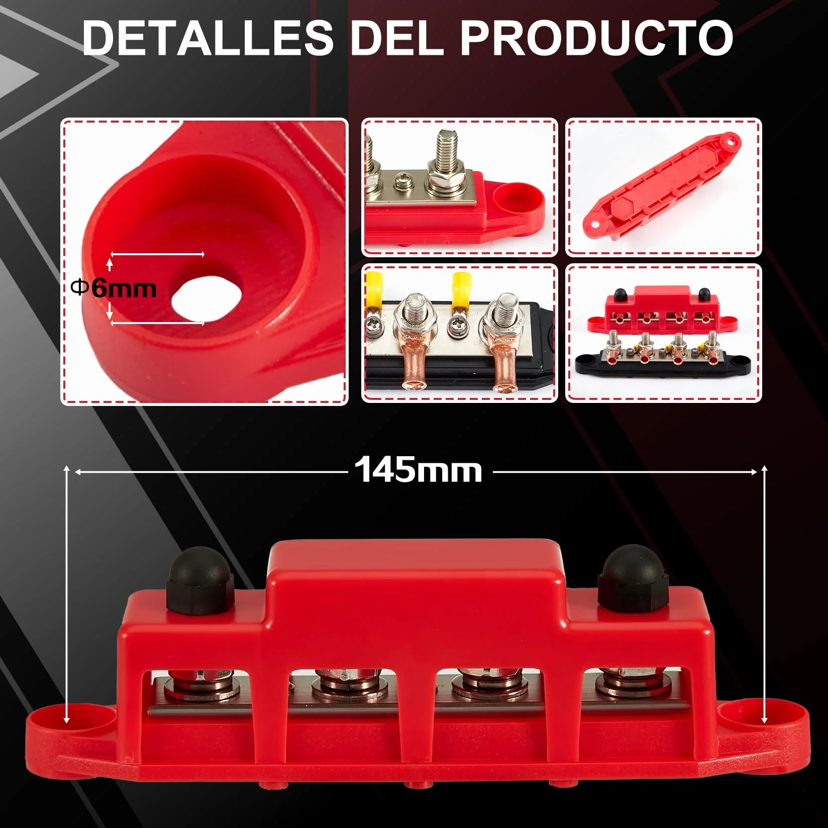 Pindex Bloque Colector M8 250 A CC 12 V-48 V Con 4 Pernos de Terminales M8, Bloque de Distribución de Corriente M8, Barra Colectora de 12 V para Autocaravanas Barcos Yates Coche RV Camión