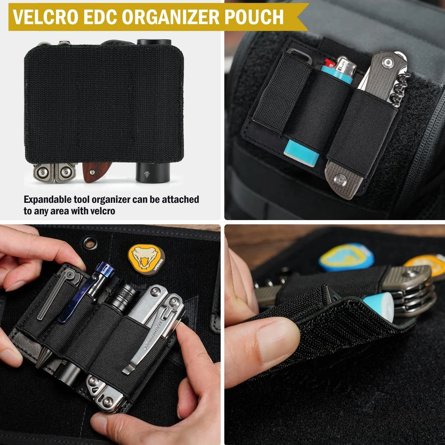 VIPERADE PL7 Organizador EDC elástico Pequeño Inserto con 4 Bolsillos, Funda multiherramientas, Panel de Gancho