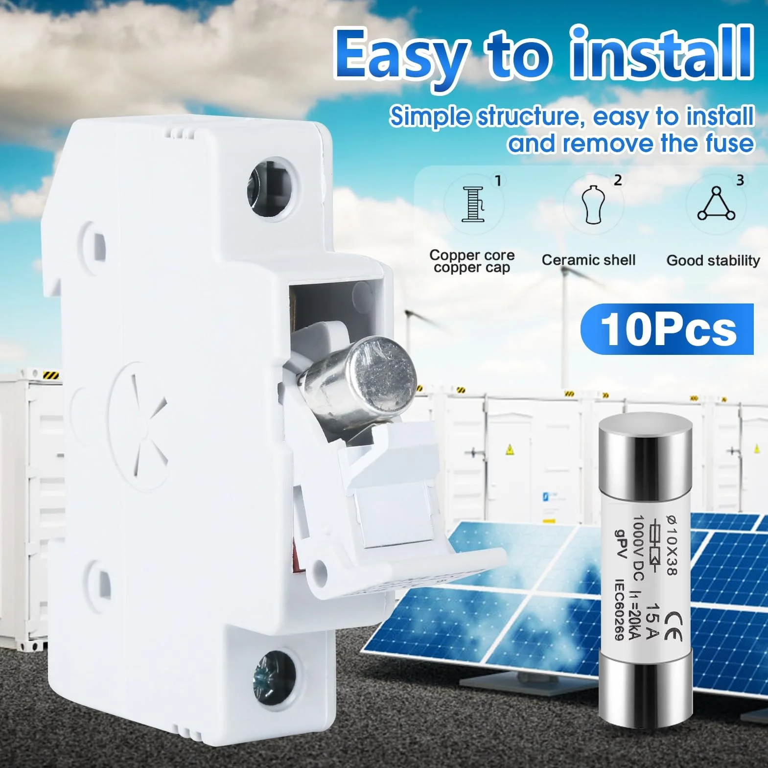 DEWIN Fusibles fotovoltaicos 10 Piezas 15 A 10X38 mm 1000 V DC para protección solar