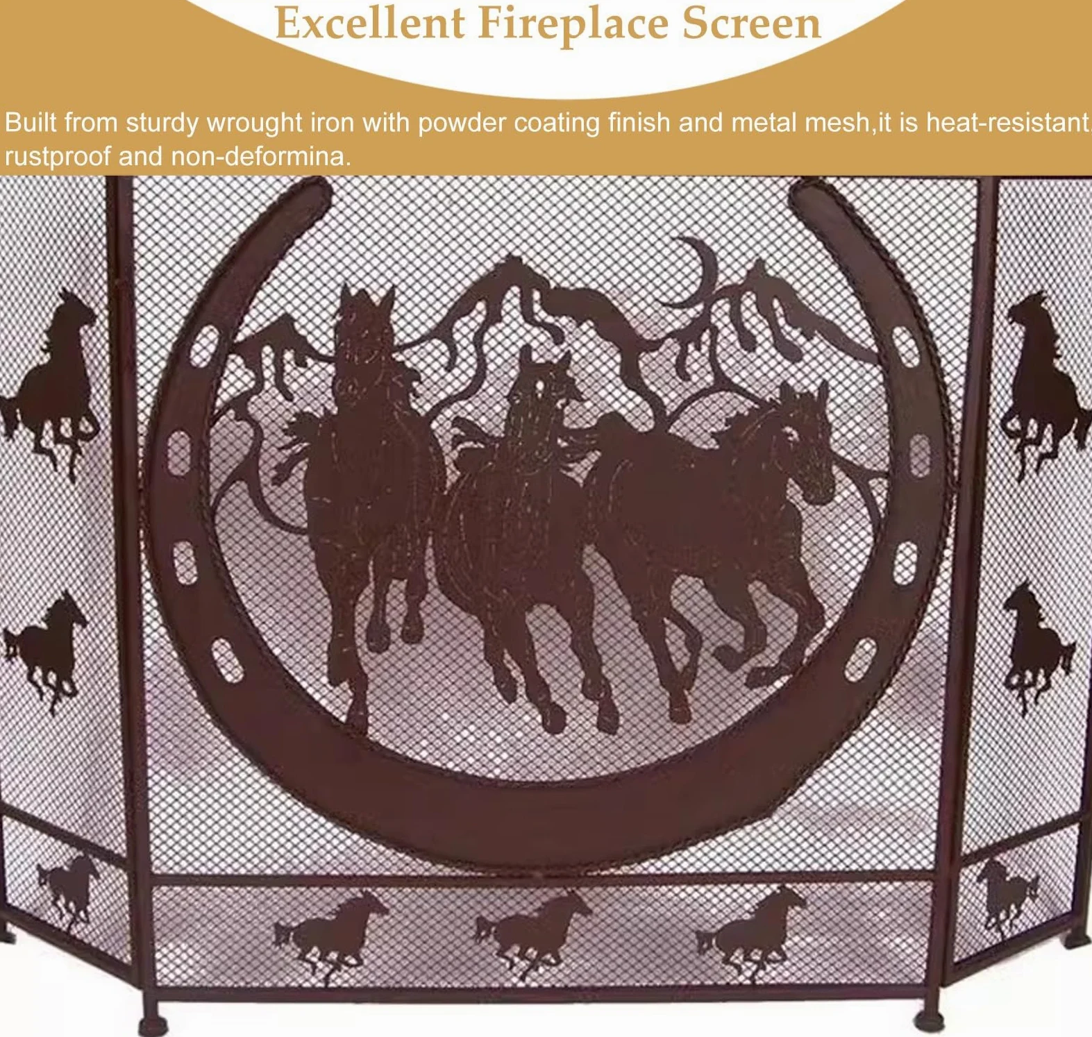 Salvachispas Chimenea Malla Protectora Plegable de 3 Paneles para Estufa de Leña, Puerta Protectora Plegable para Chimenea con Diseño de Caballos, Barrera Protectora de Hierro Forjado para Chimenea