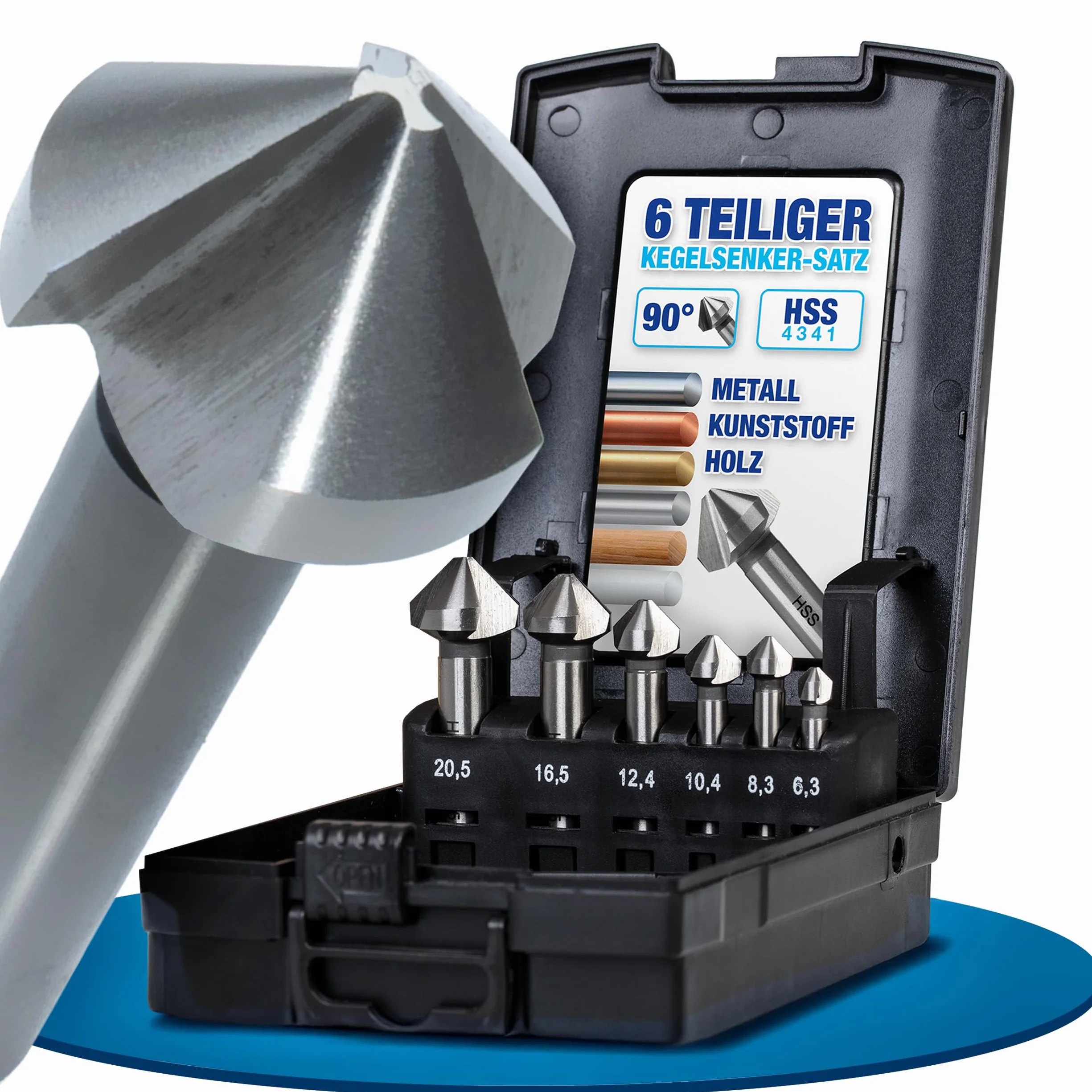 NTG Juego de avellanadores cónicos, 6,3-20,5 mm, 6 piezas, avellanador cónico 90°, acero HSS, avellanador y desbarbador para madera, metal y plástico, incluye caja de almacenamiento, trabajo preciso y