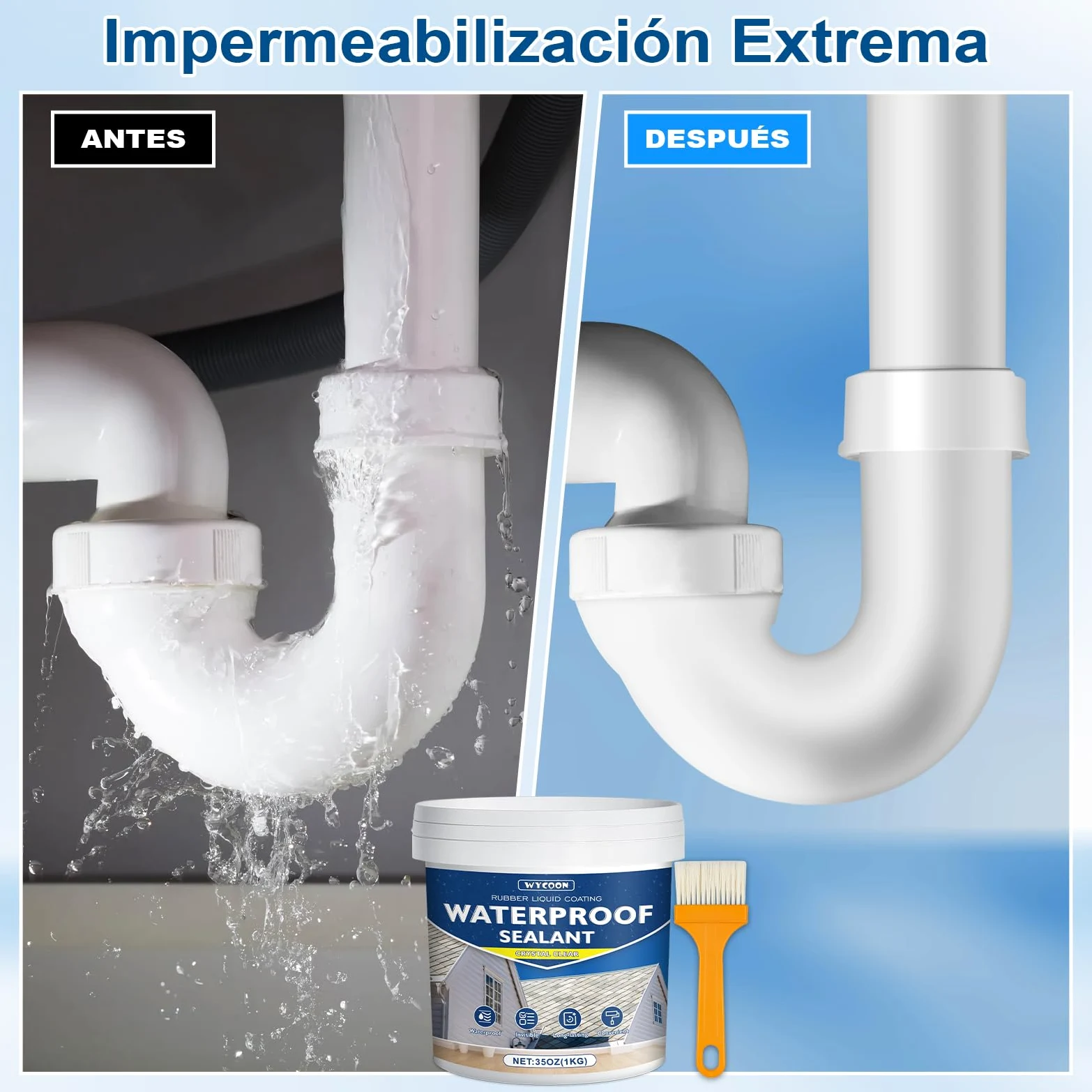 Impermeabilizante Transparente 1KG | Hidrofugante Invisible, Sellador Impermeable para Interiores y Exteriores | Reparación de Fugas en Baño, Inodoro, Tejado, Paredes, Azulejos