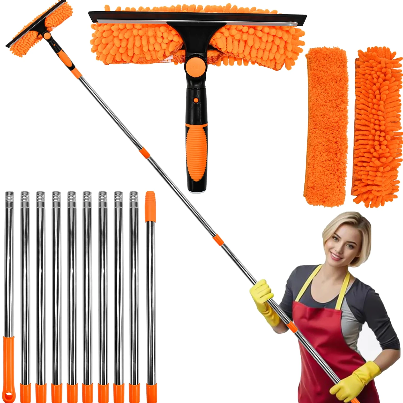 Limpiacristales con Mango Extensible de 24-450cm, Limpiador de Ventanas Telescópico con Escobilla de Silicona y Paños de Microfibra, Limpia Cristales con Mango Largo para Ventanas