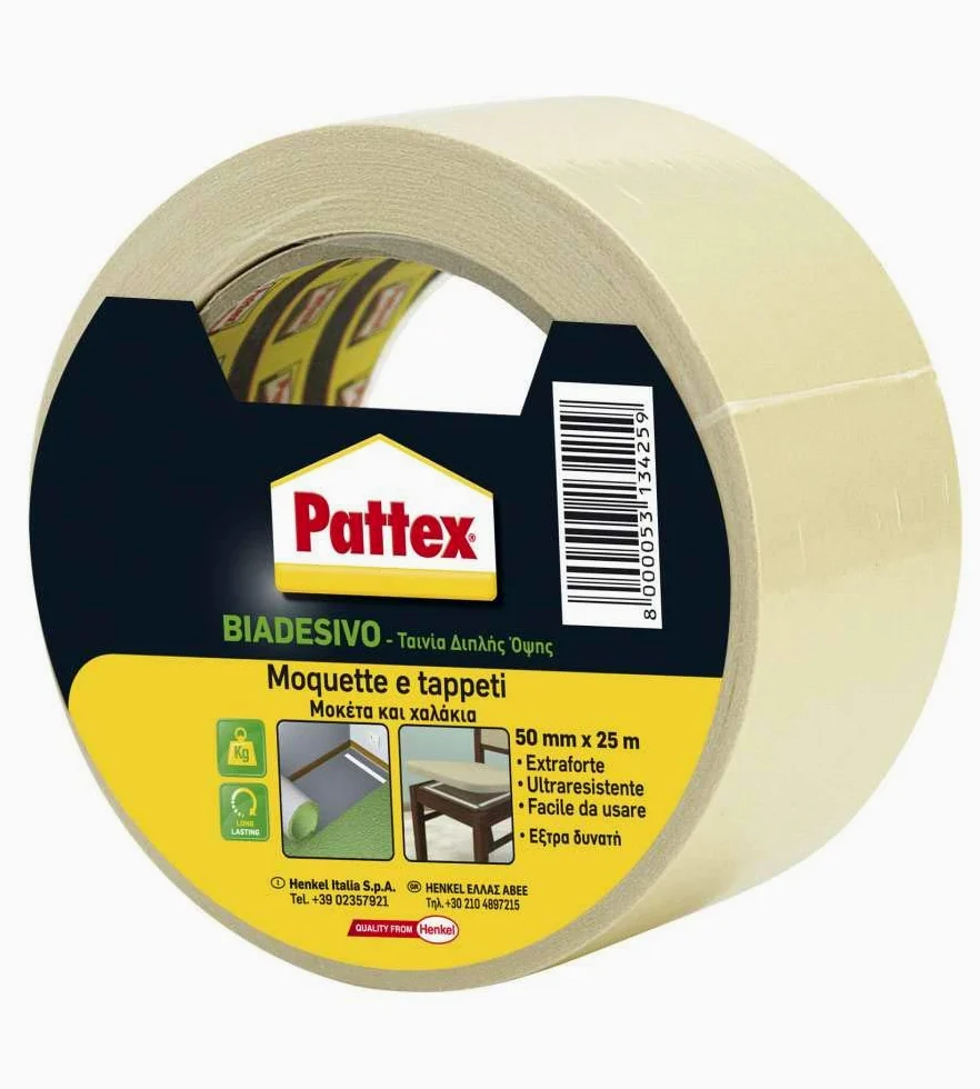 Pattex Cinta adhesiva de doble cara para moquetas, alfombras y otros suelos, 50 mm x 25 m
