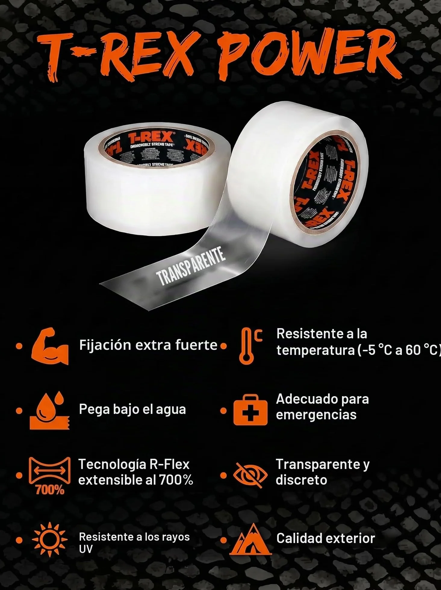 T-REX Waterproof Tape Transparent - Cinta acorazada impermeable - Cinta de sellado ideal para piscinas y exteriores - Resistente a los rayos UV y al calor - 50mm x 1,5m