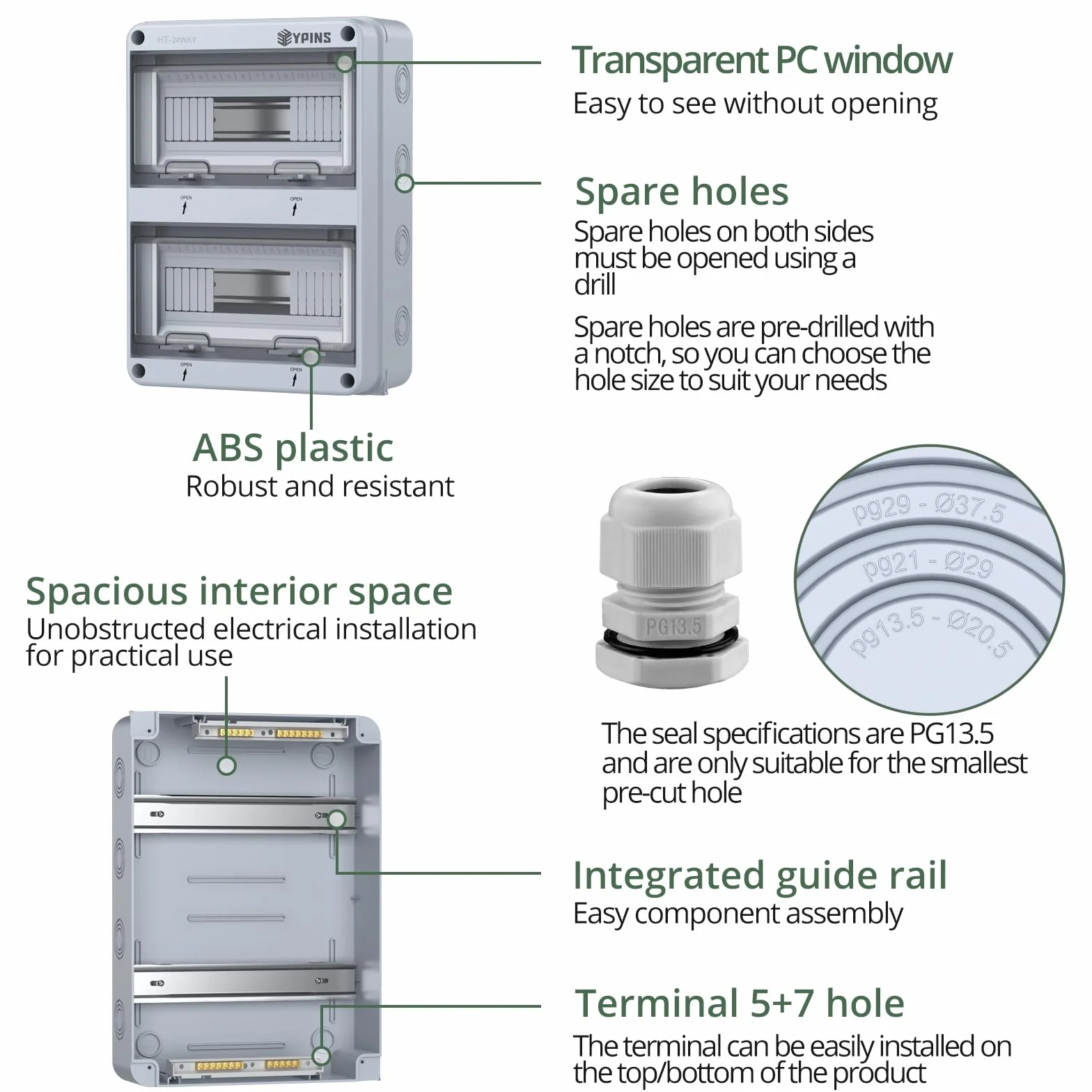 EYPINS Caja de Distribución de Superficie 2 Filas y 24 Módulos Caja Electrica Caja de Fusibles IP65 Impermeable y Antihumedad, Subdistribuidor con Junta Perimetral para Jardín o Exteriores