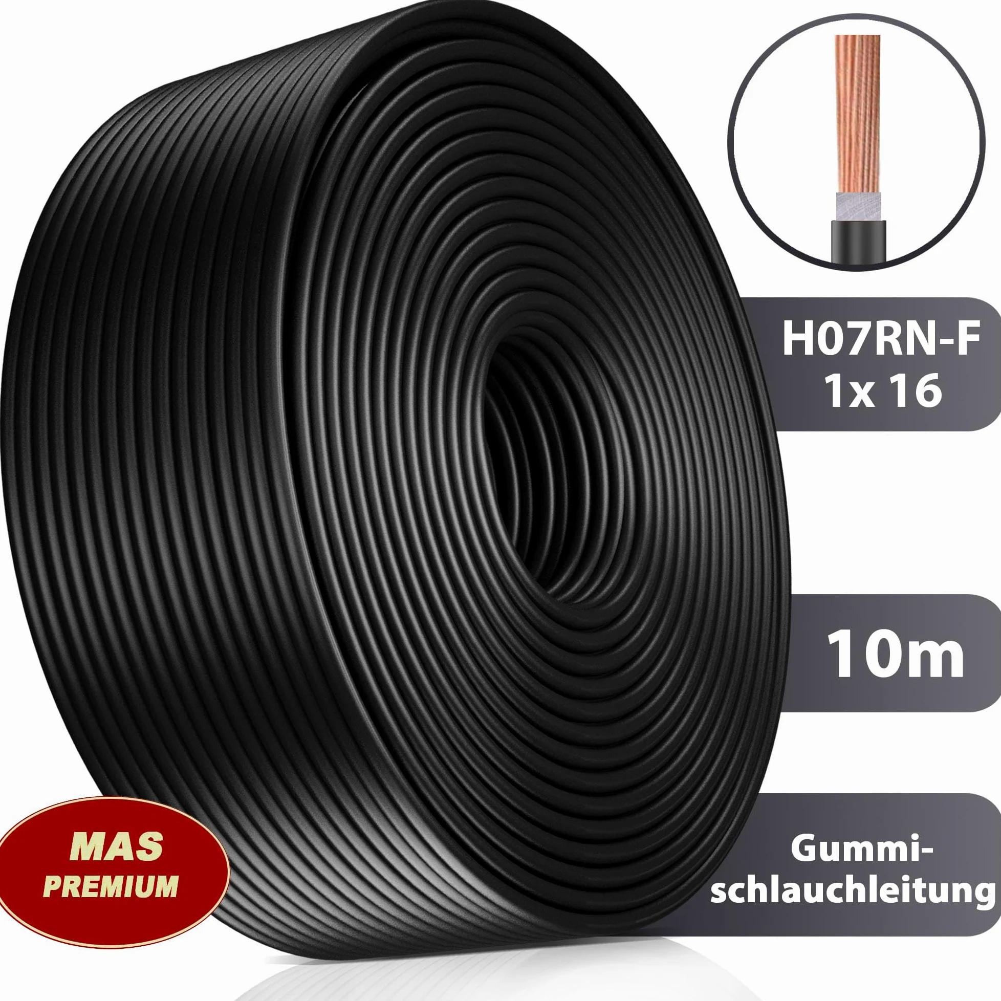Cable de alimentación de goma de 5 a 100 m, H07RN-F, 1 x 16 mm², cable flexible para dispositivos pesados (10 m)
