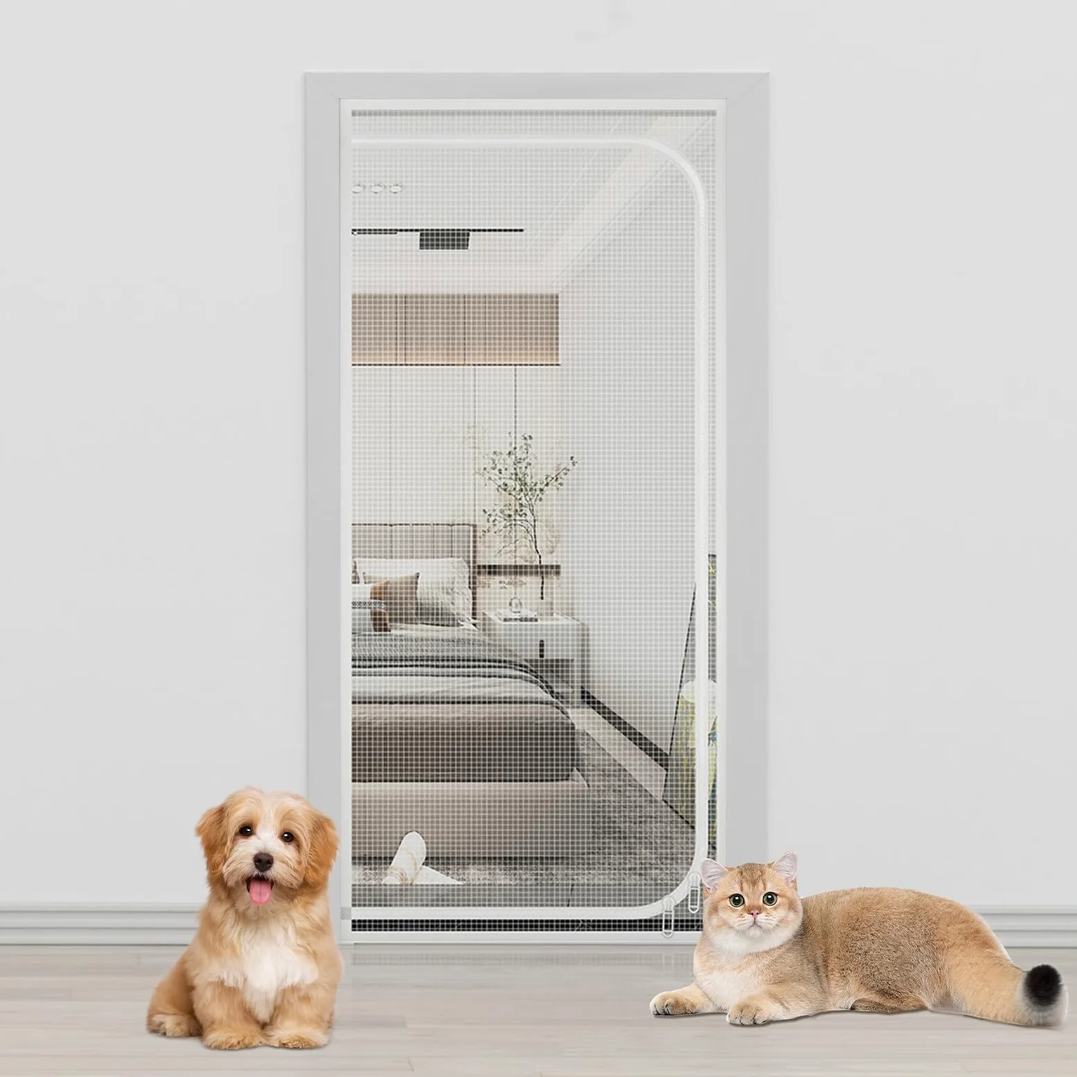 Puerta Mosquitera para Gatos Evitar Que los Cachorros y Gatos se salgan de casa, Pantalla a Prueba de arañazos con Cremalleras, Puerta Mosquitera Cortina para Balcón (100 * 210cm, Blanco)
