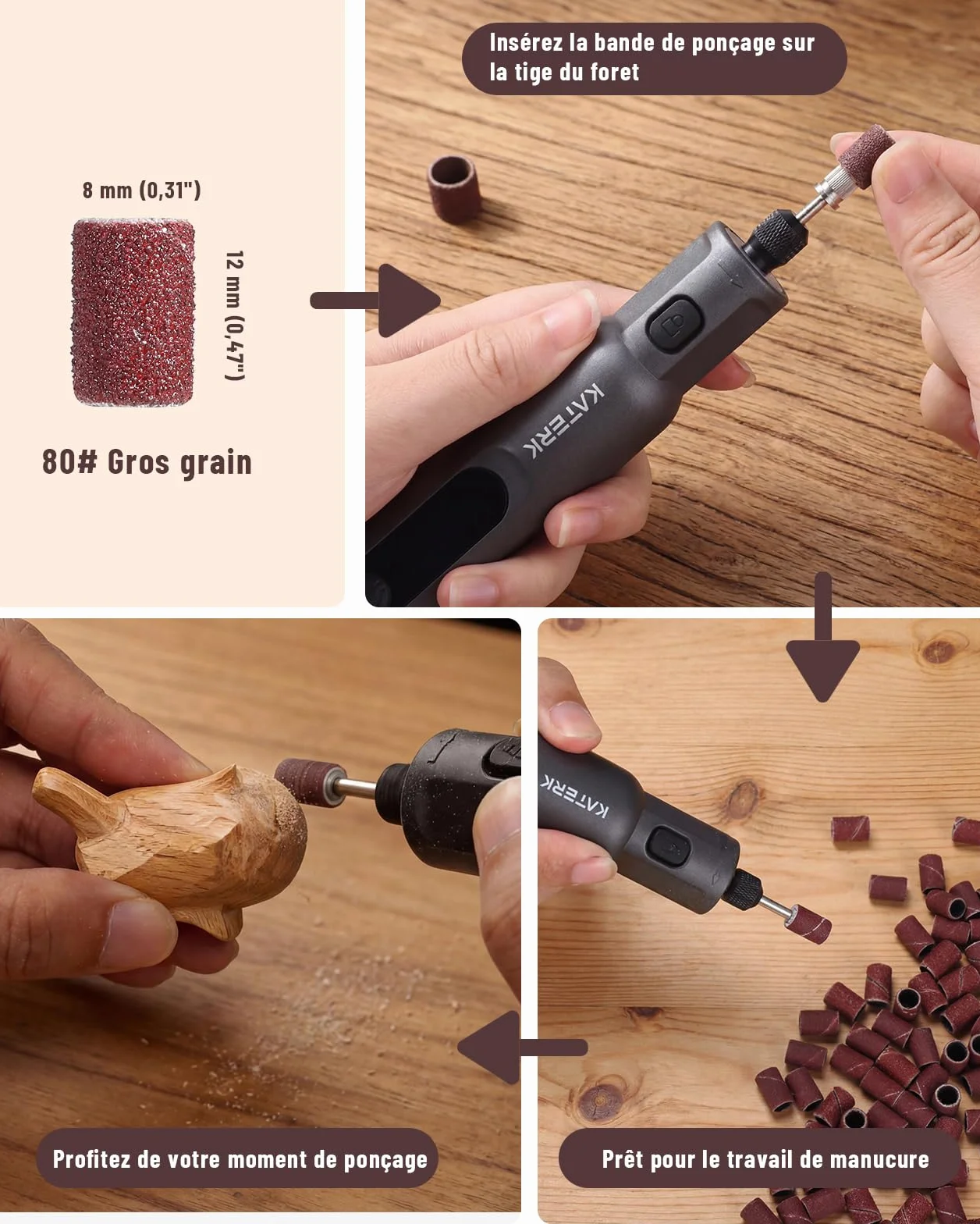 Katerk 150 Piezas Tambores de Lijado, Manguitos de Lijado Mini de 8 mm con Bandas de Lijado de Grano 80/120/180, Compatible con Limadoras de Uñas para Perros y Herramientas Rotativas