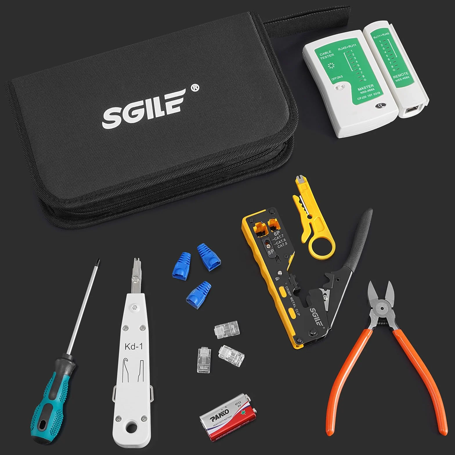 SGILE RJ45 Kit Herramientas Completo de Prensado, Cat5 Cat6 Cat7 Máquina Integrada Multifunción, Juego de Pruebas de Cable LAN de Mantenimiento Informático, 50 Conectores CAT6