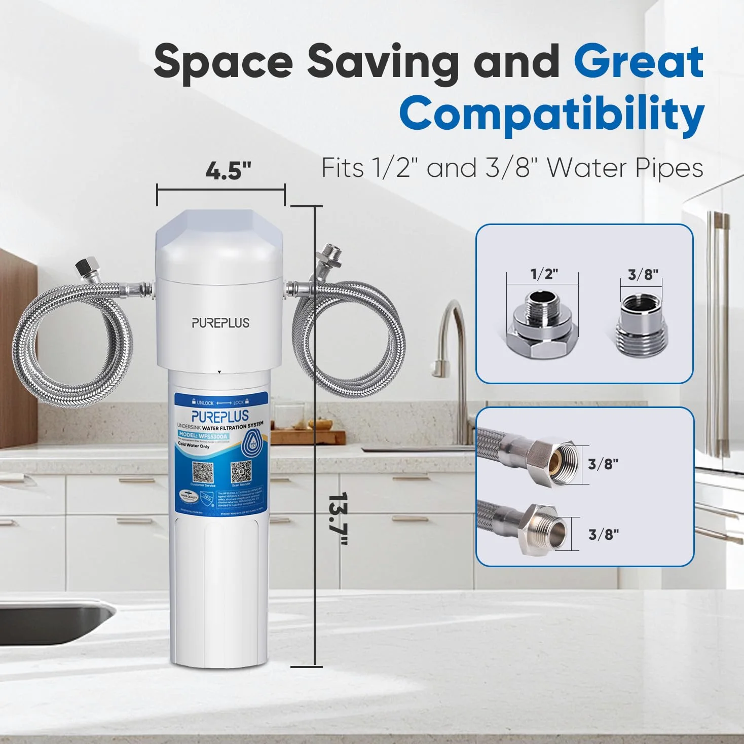 PUREPLUS Sistema de filtro de agua para debajo del fregadero, 22000 galones, reducción de cloro del 99.99%, certificado NSF/ANSI 42, elimina metales pesados, cloro, conexión directa bajo el mostrador