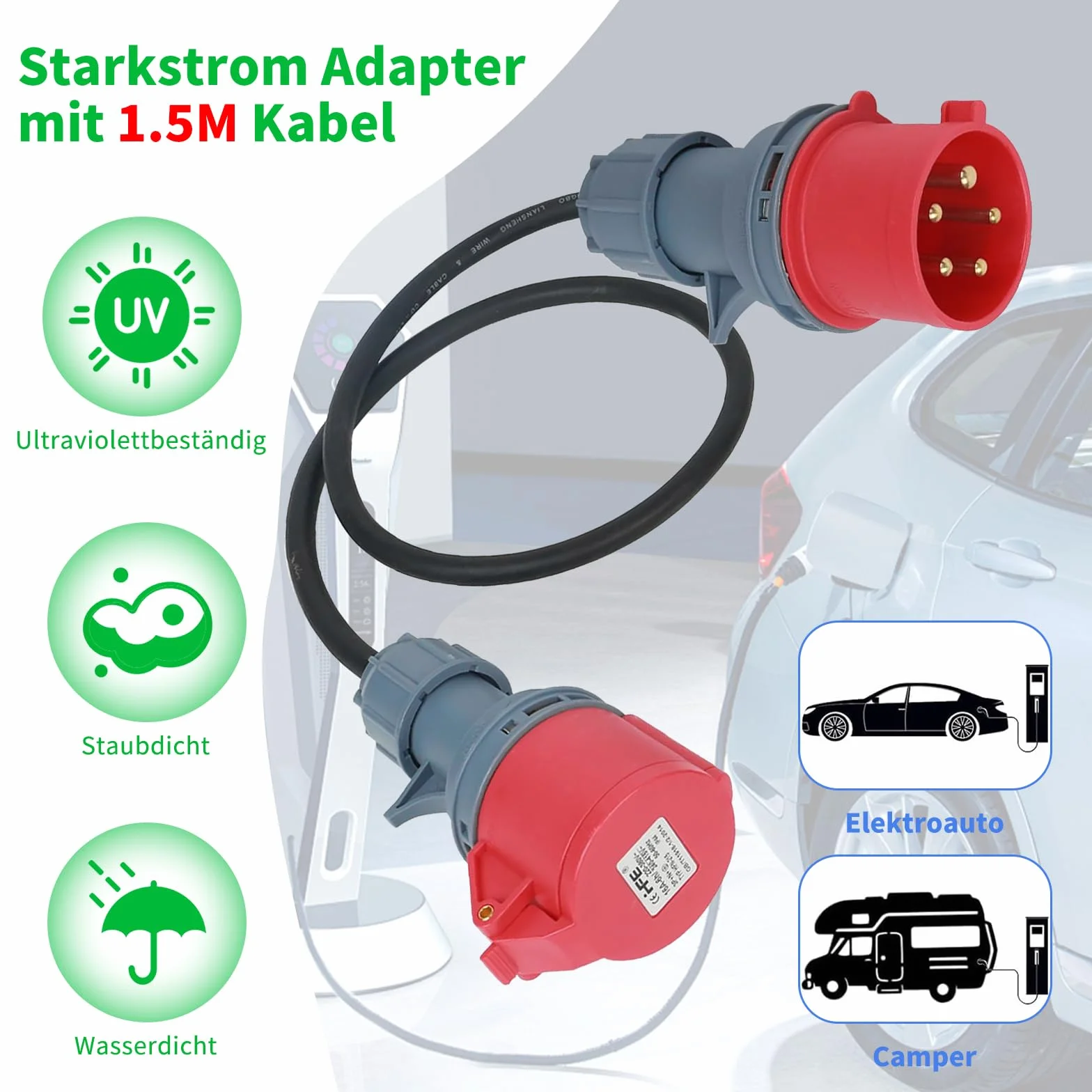 Adaptador de 32 A a 16 A, CEE Adaptador Cable alargador de 1,5 m, Enchufe Trifasico, Clavija Enchufe Macho de Alta Corriente, inversor de Fase, para Uso caravanas/Camping/Industrial y Exterior