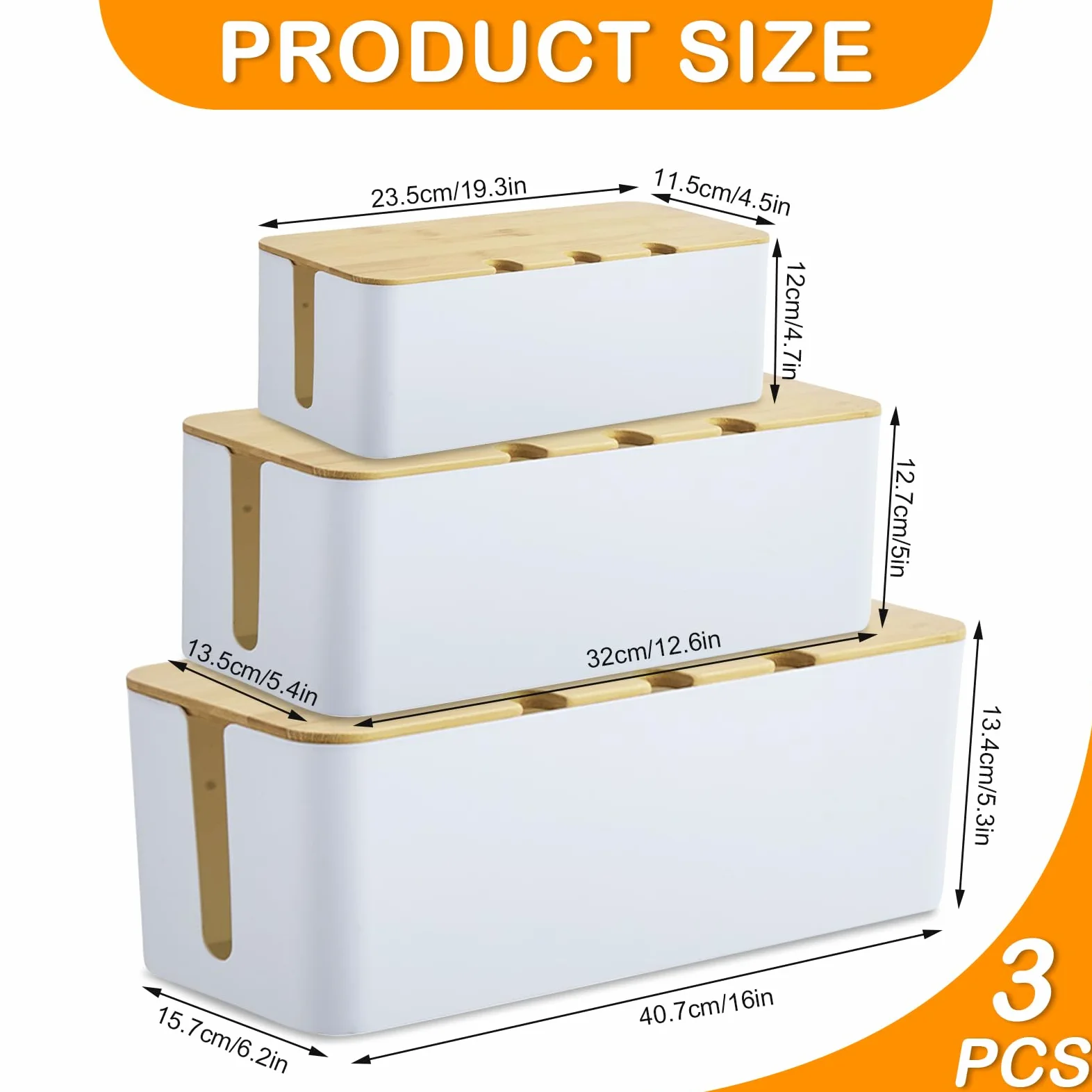Juego de 3 Caja Cables Blancas, Caja Cables Organizador con Tapas de Bambú de Tres Tamaños, Caja Organizadora de Cable con Tapa de Madera Perforada, Caja para Cable con Bridas