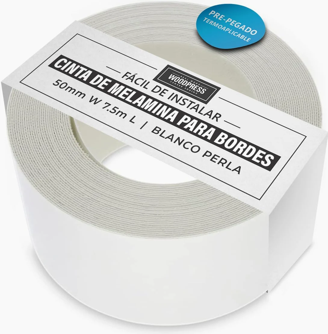 Cinta de melamina blanca perlada de 50 mm, cinta de chapa prepegada, rollo de 7,5 m, planchar para una fácil aplicación de bricolaje, cubrirá el borde de un panel de MDF estándar