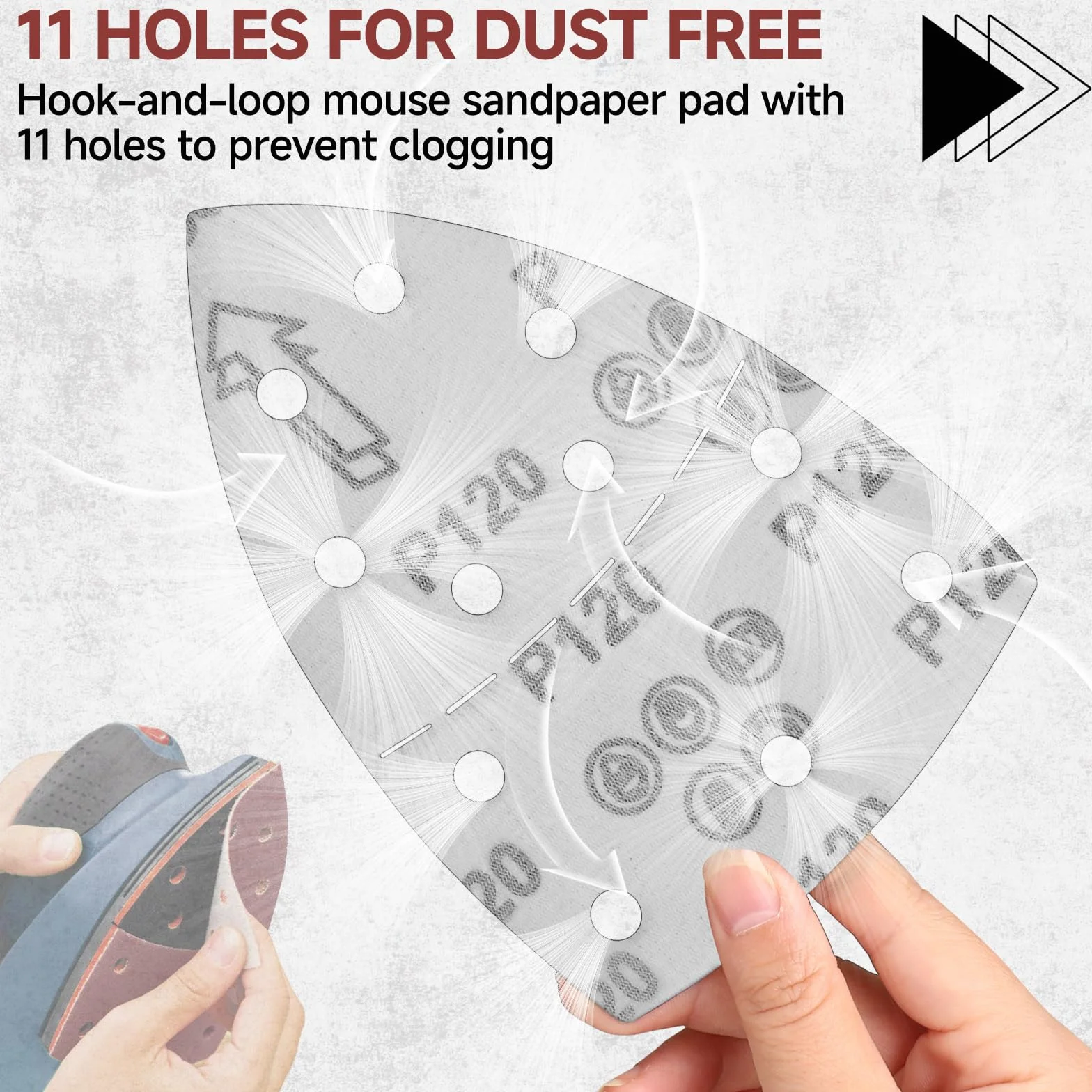 60 piezas papel de lija lijadora delta 152x105mm Hojas de Lija Mouse Papel conjunto con 11 agujeros grano 180 triángulo almohadillas de lijado para madera, metal y plástico