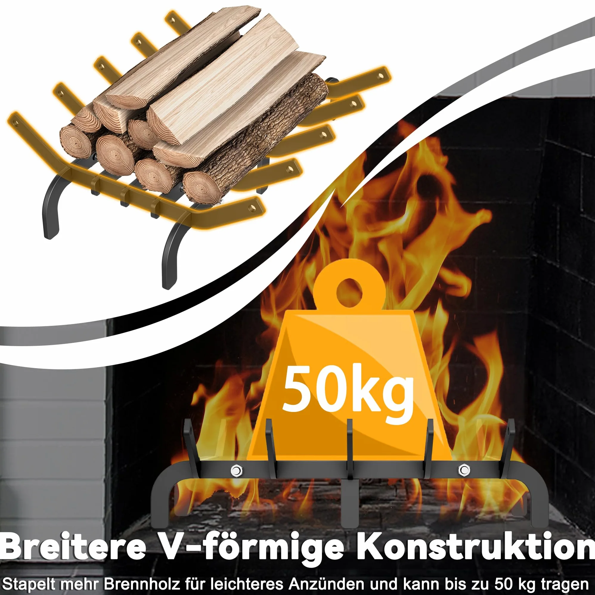 Froadp Parrilla para leña de chimenea Parrilla robusta para chimenea de acero rico en carbono Parrilla de fuego para chimenea leña leña de chimenea soporte para madera con pies soporte para leña para