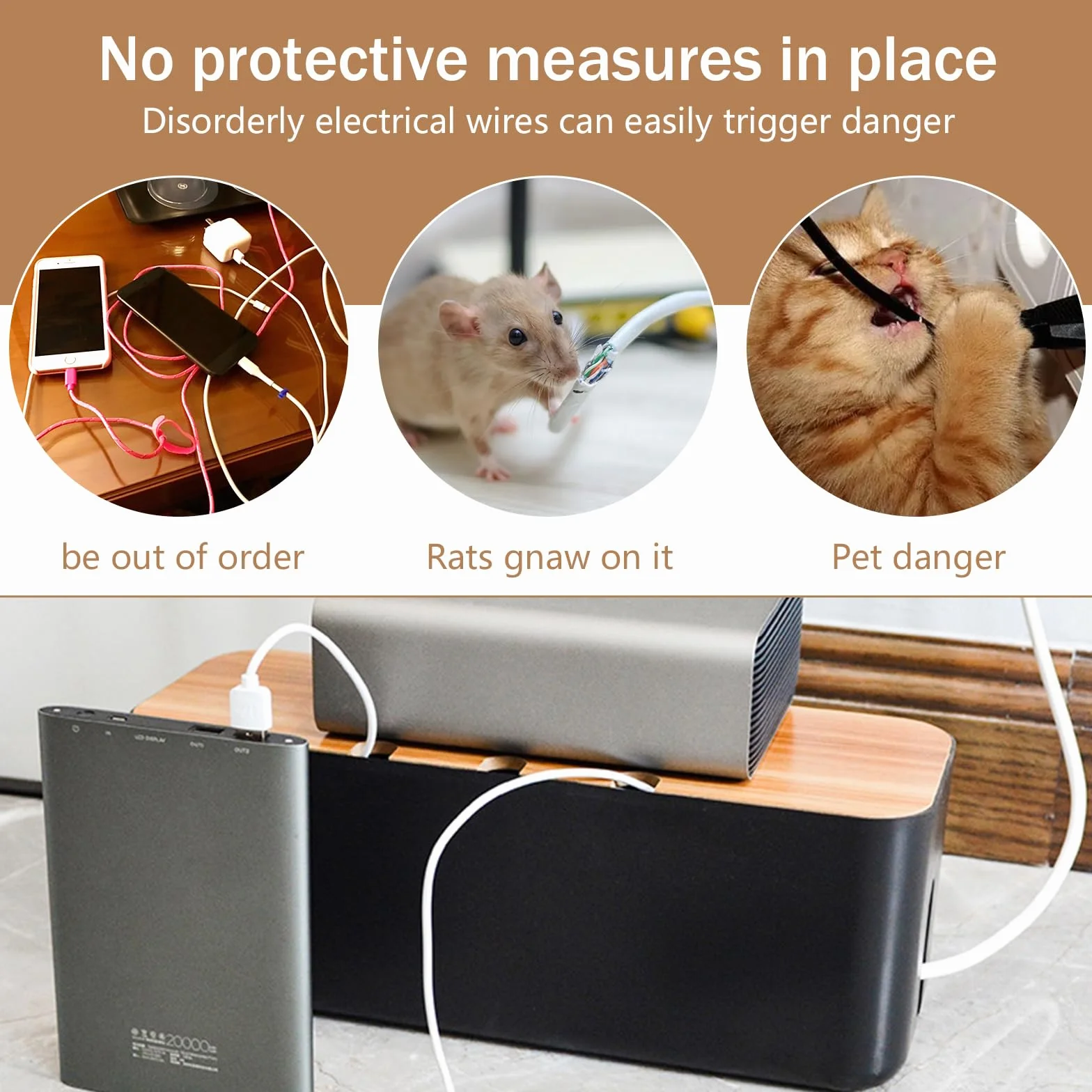 Caja organizadora de cables grande negra con tapa de madera para guardar accesorios y regletas de enchufe para televisores y escritorios en casa y oficina