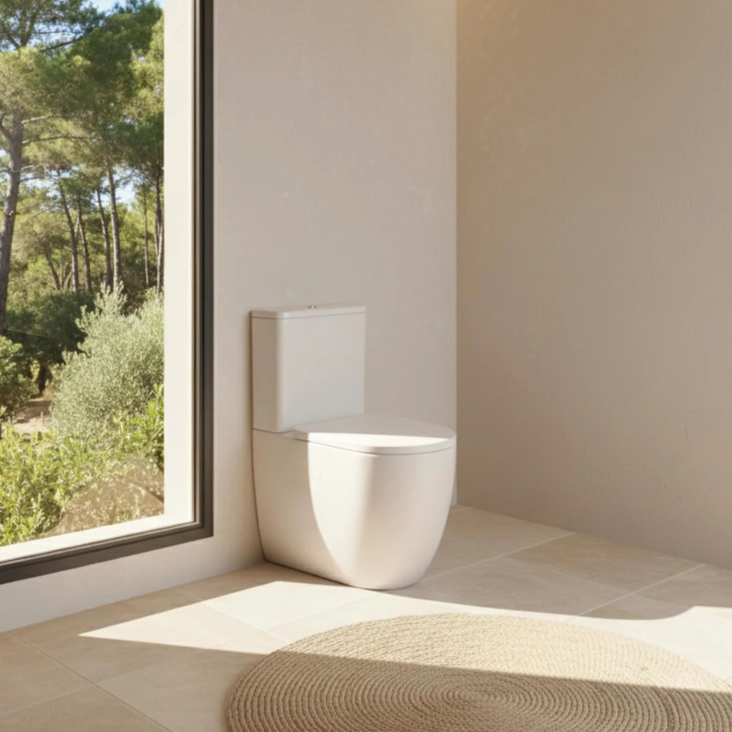 SOULHOME Pack Inodoro Completo Rimless Curvo Blanco Brillo | Tapa Amortiguada | Salida Horizontal/Vertical | Doble Descarga Eco | Pulsador Dorado