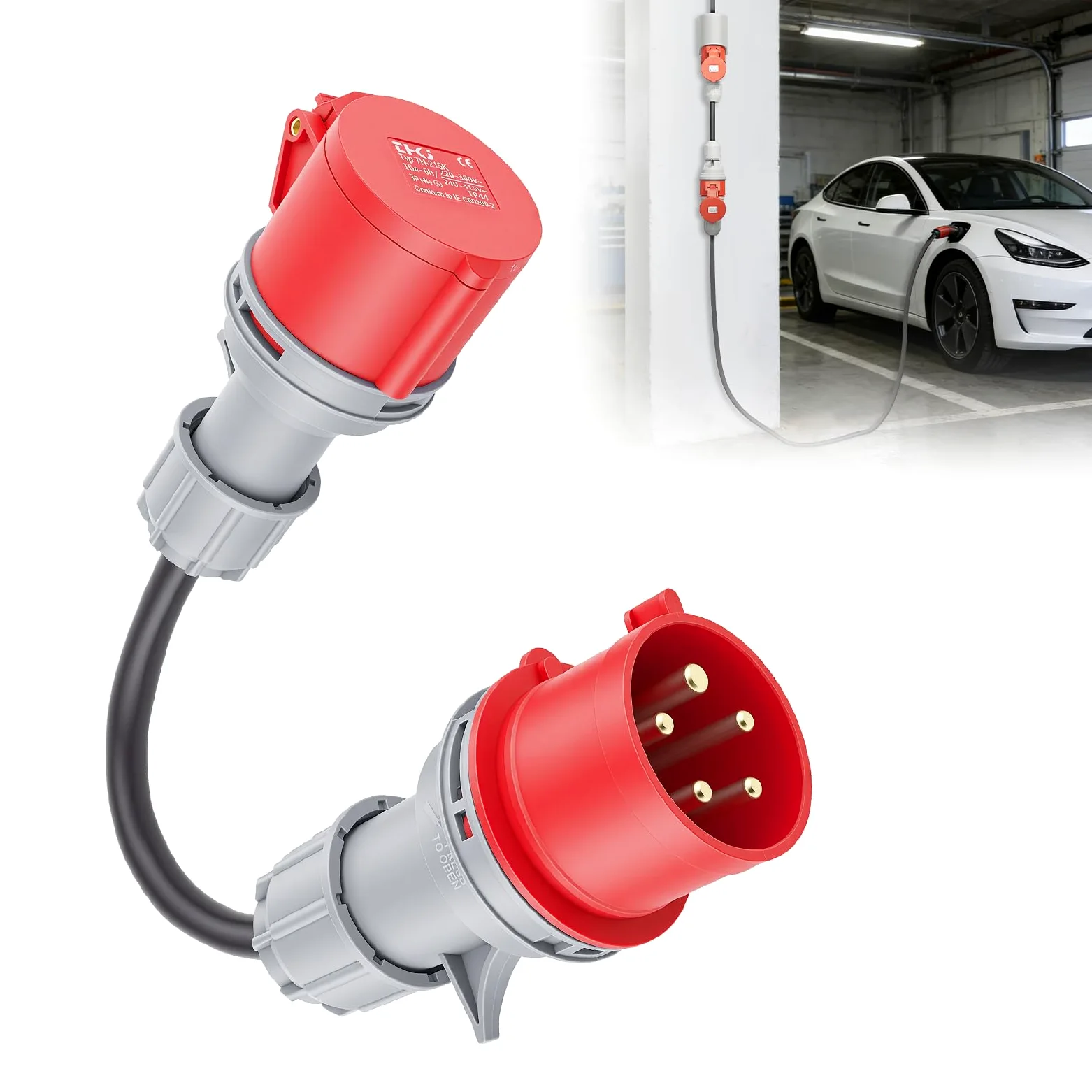 Adaptador CEE 32A a 16A, 5 Polos, IP44 Impermeable con Tapa de Protección de Cierre Automático para Industria, Obras y Coche Eléctrico