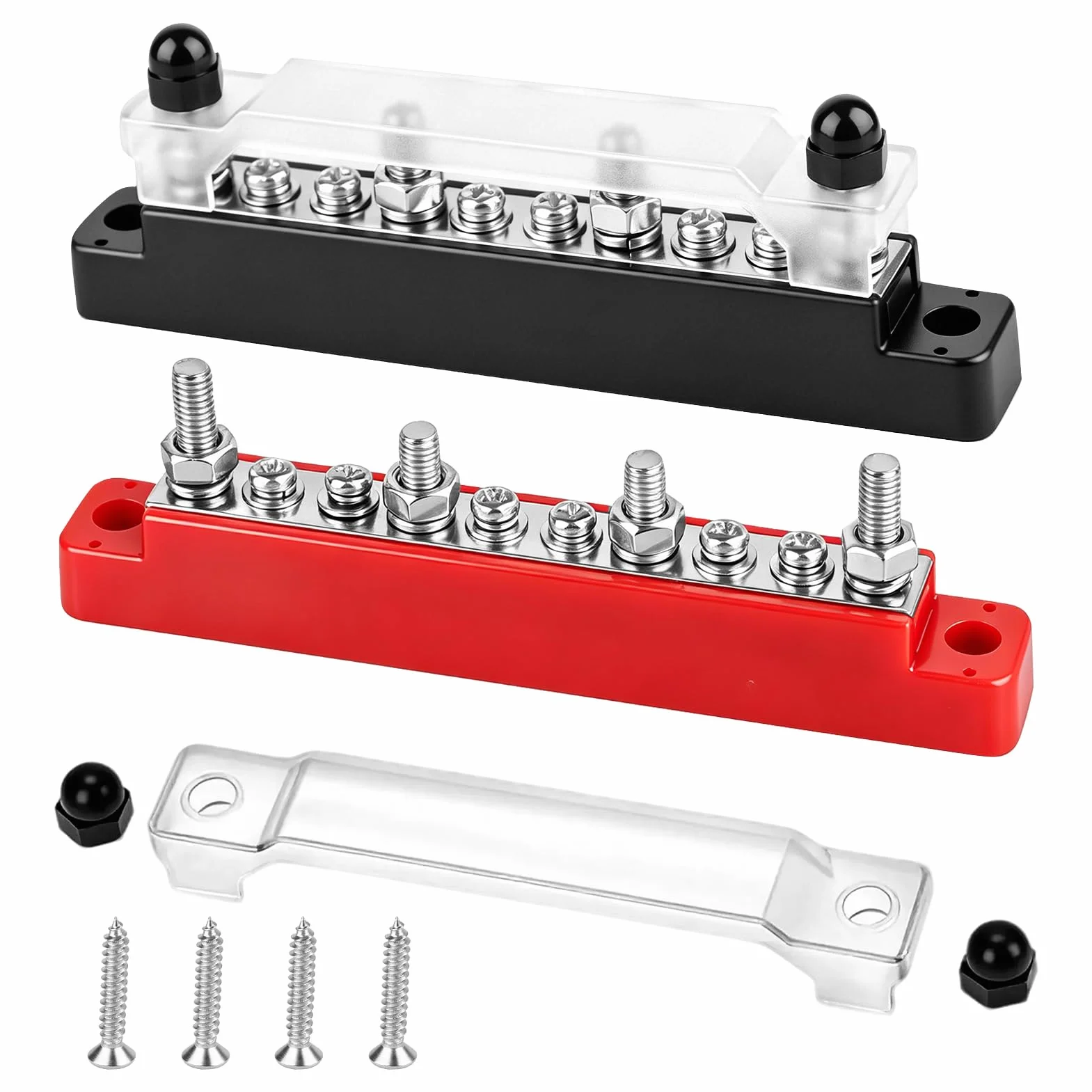 Bloque de Distribución de Energía 12V-48V CC 150A, 2 Piezas Barra Colectora con 4 Pernos M6 y 6 Tornillos M4, Caja de Conexiones con Cubierta para Coche, Barco, Autocaravana y Sistema Solar