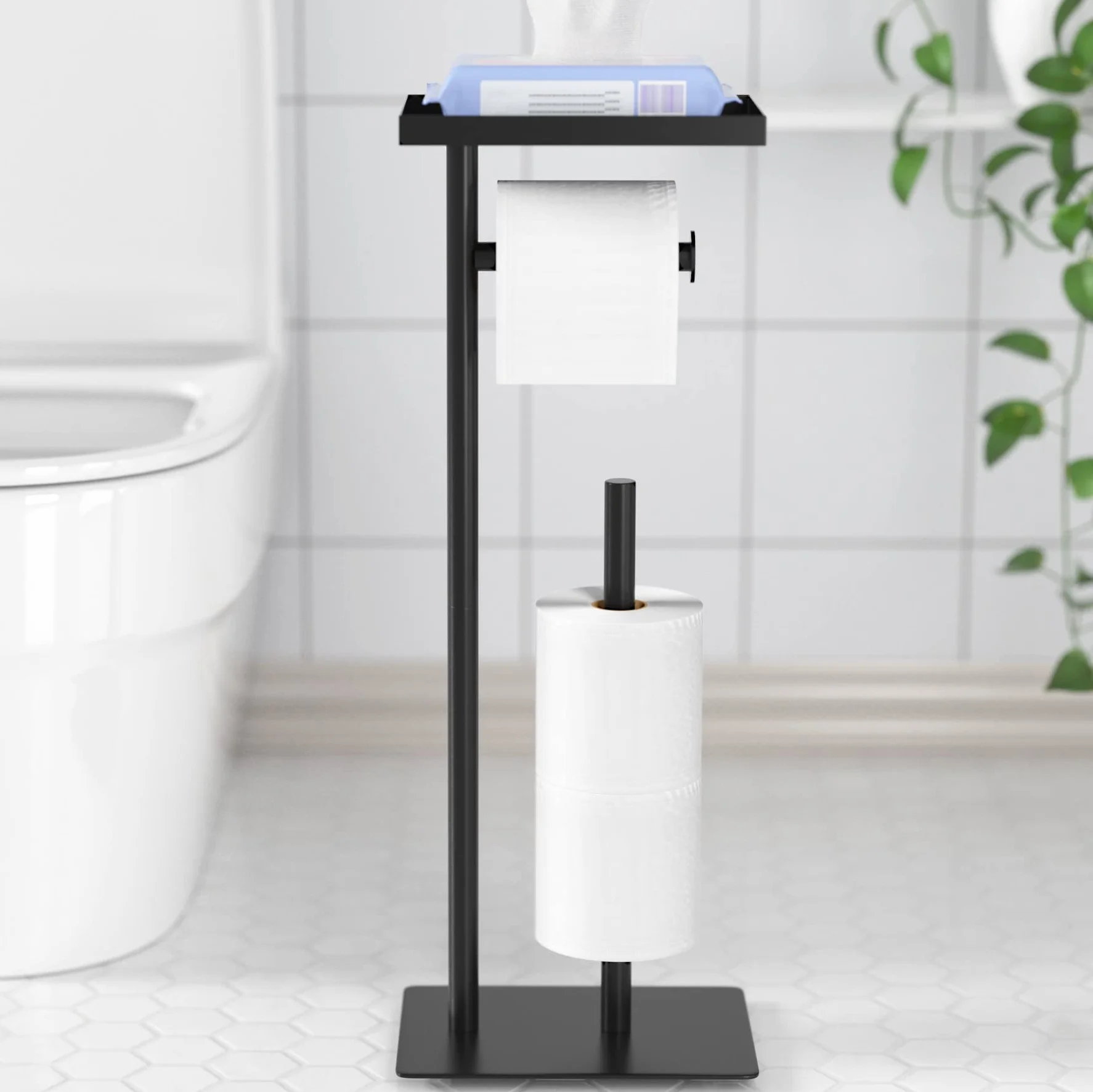 Susswiff Portarrollos de Papel higiénico Independiente con Estante de Almacenamiento Superior, Soporte de Papel higiénico Negro, Almacenamiento de 4 Rollos de Reserva