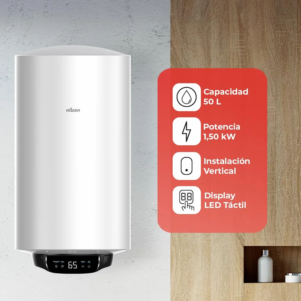 Nilson Termo Eléctrico Vertical 50 Litros NT5000EADW 1500W Acero Inoxidable Blanco Clase B