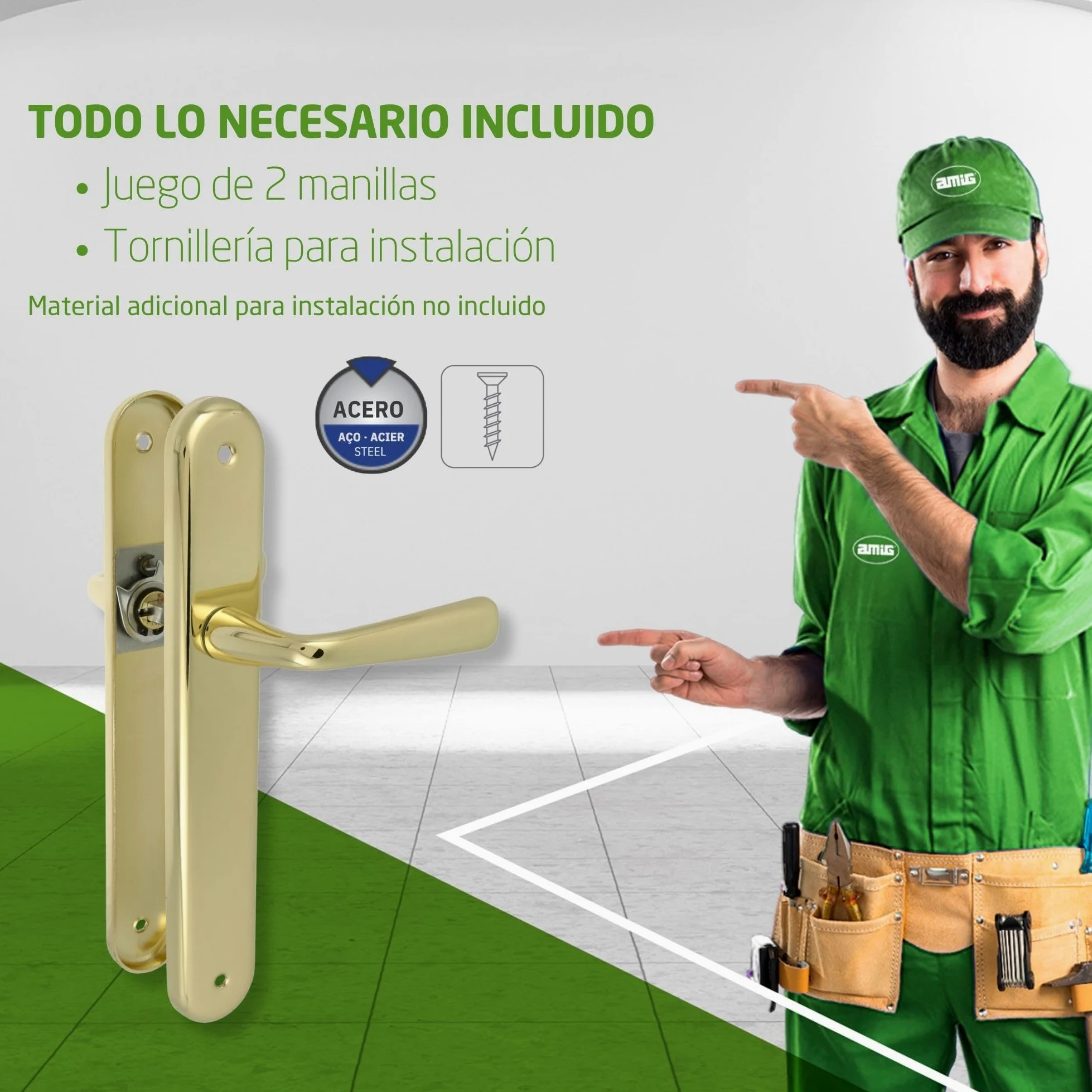 Amig - Juego de Manillas de Placa de Latón - Modelo 252P Medida: 250 x 40 mm - Cuadradillo de 8 mm - Resistente a la Corrosión, Incluye tornillería - Acabado: Latonado barnizado