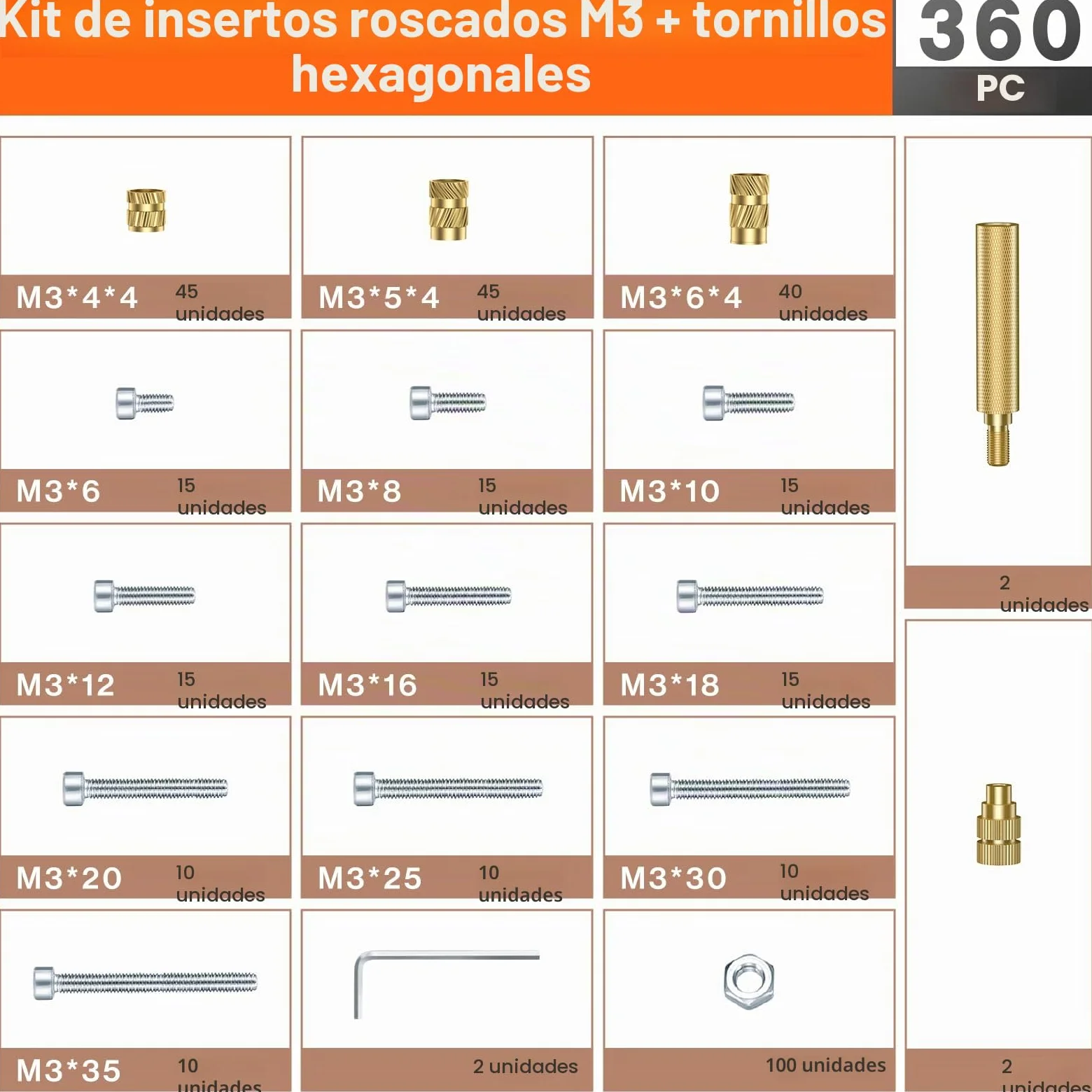 Inserto Roscado M3, Juego de Tornillos Roscados Preciva, Kit de Soldadura (200~500℃), 360 Piezas de Inserto Roscado Metálico M3 con Tornillos y Pernos Surtidos, Accesorios Compatibles con Impresoras