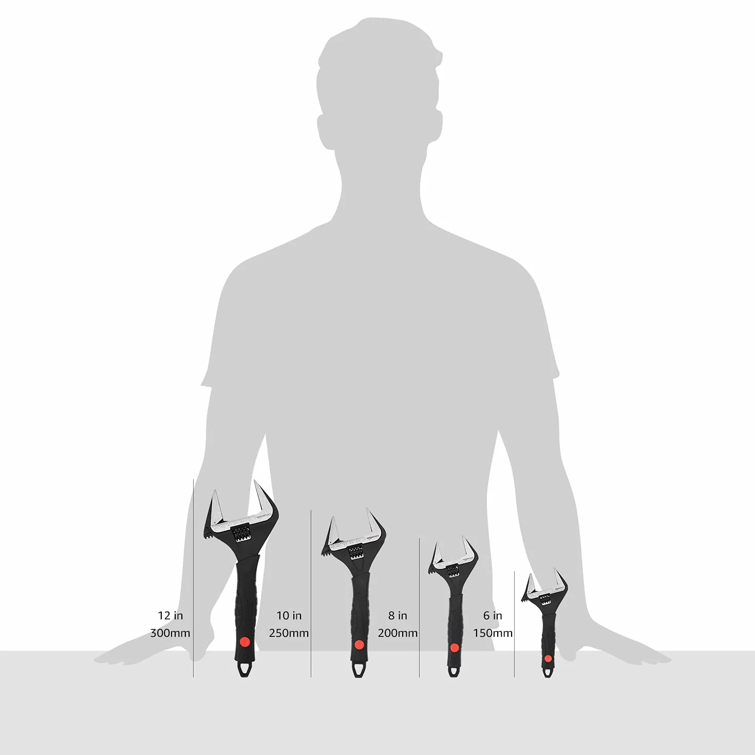 Amazon Basics Llave ajustable para fontaner a con agarre suave, boca ancha, incluye: 6in (150mm), 8in (200mm),10in (250mm),12in (300mm), Paquete de 4 tamaños