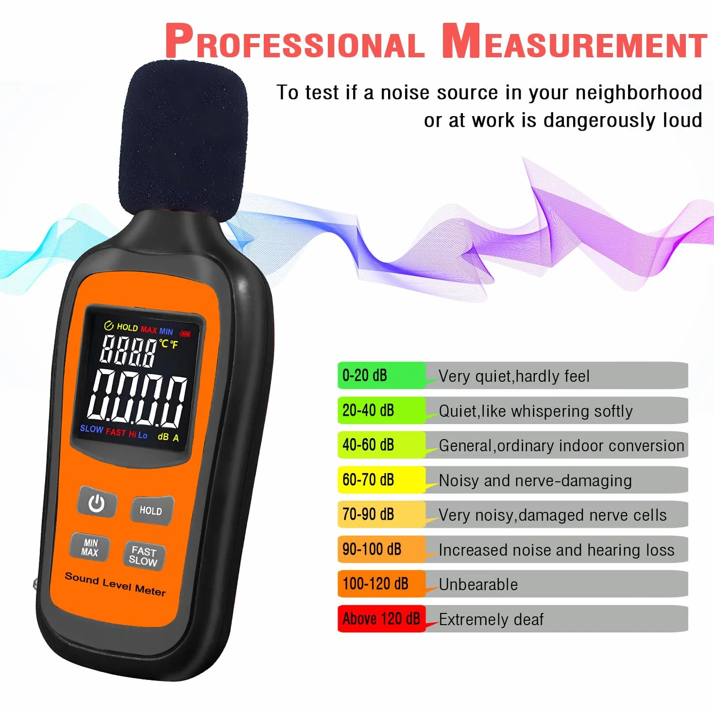 Medidor de decibelios, medidor digital de nivel de sonido SPL, función de temperatura de 35 dB a 135 dB, medidor de ruido con ponderación A [retención de datos rápida/lenta máxima/mínima], uso para el