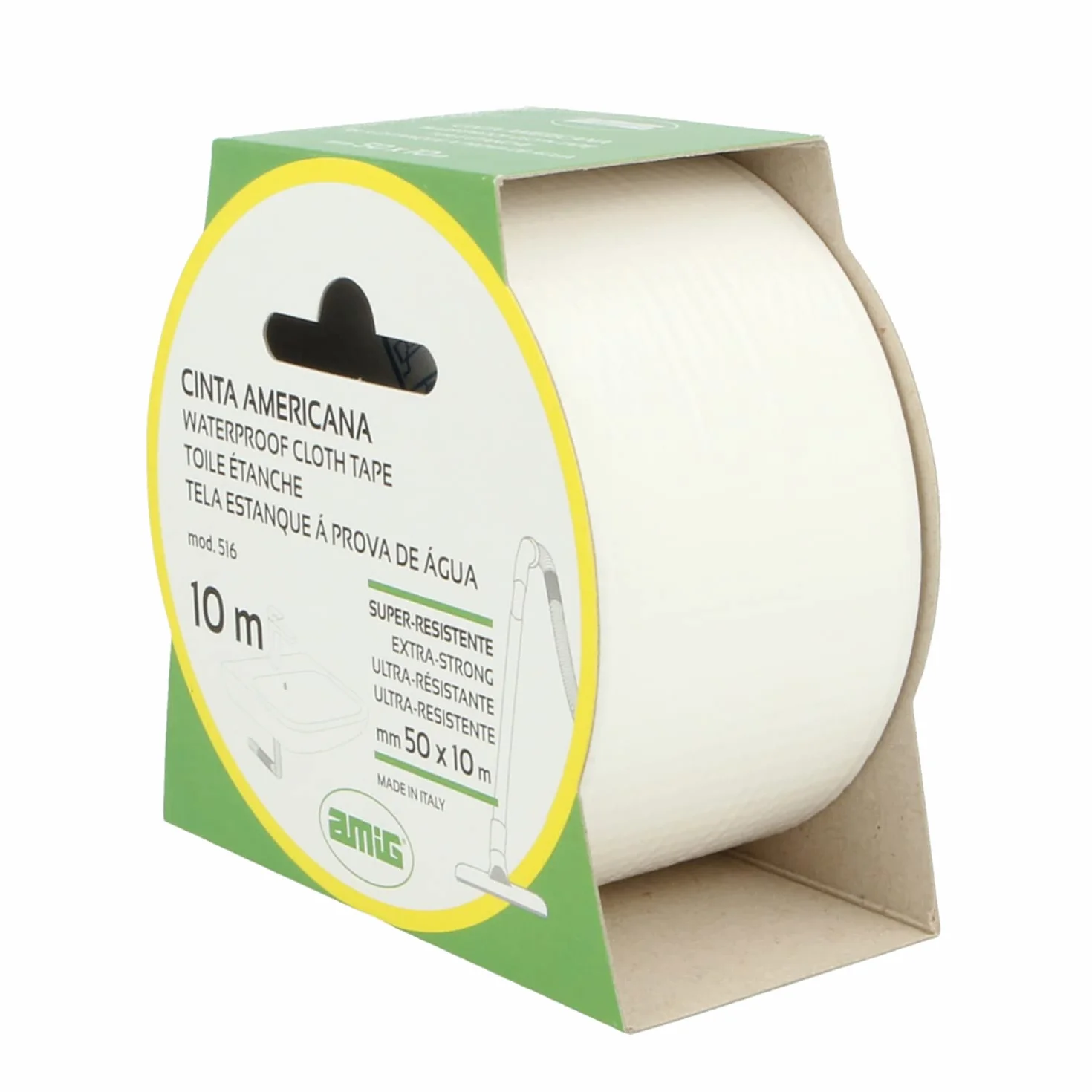 Amig - Cinta Americana Mod.516 de Fijación Extrafuerte y Resistente al Agua para Uso en Interiores o Exteriores - Perfecta para Bricolaje y Reparaciones - Medidas 10 m x 50 mm - Color Blanco