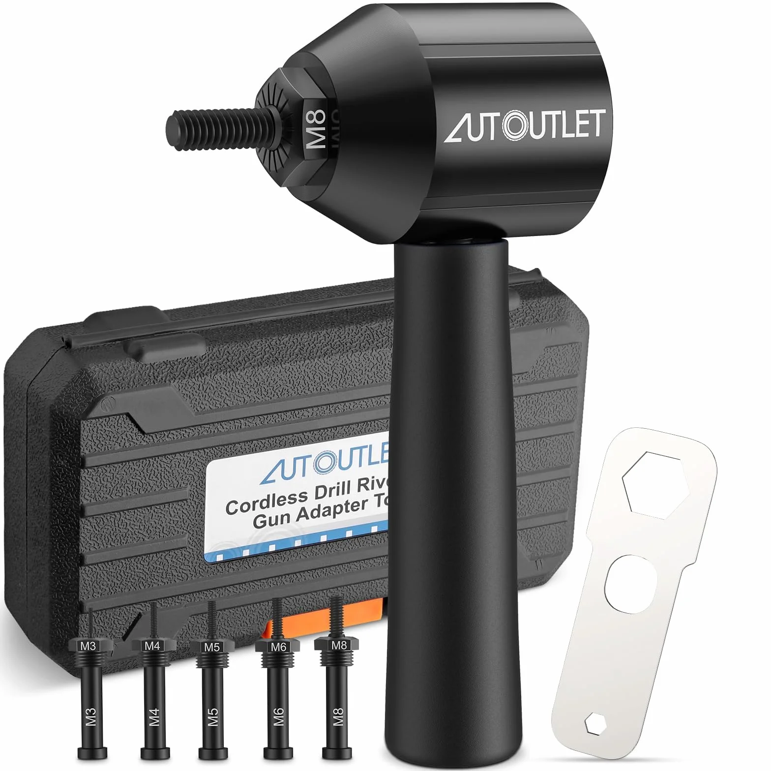 AUTOUTLET Adaptador de Remachadora para Taladro, 5 Mandriles Reemplazables M3-M8, Compatible con Tuercas de Aluminio y Acero (Negro)
